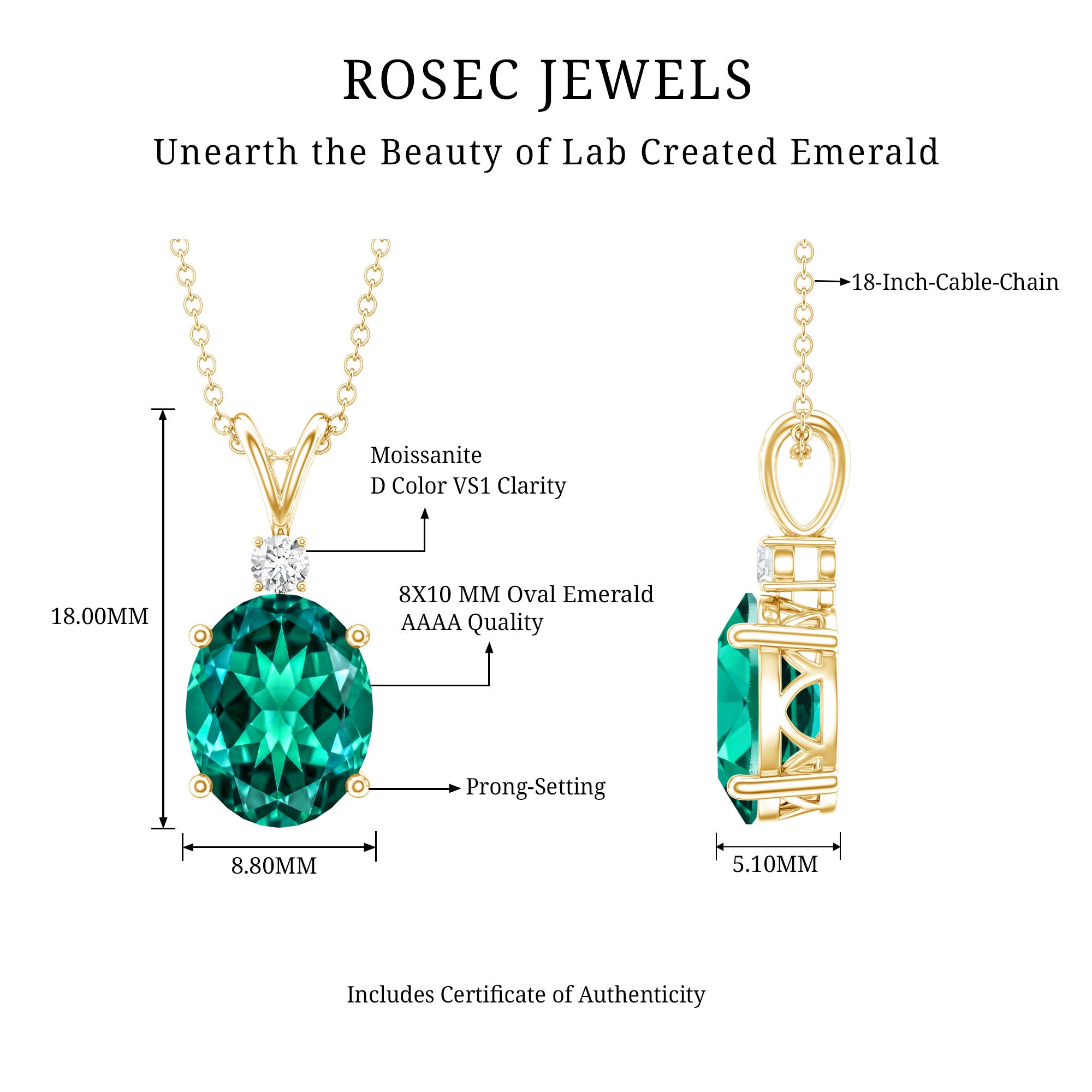 Oval Created Emerald and Moissanite Solitaire Pendant AAAA - Rosec Jewels