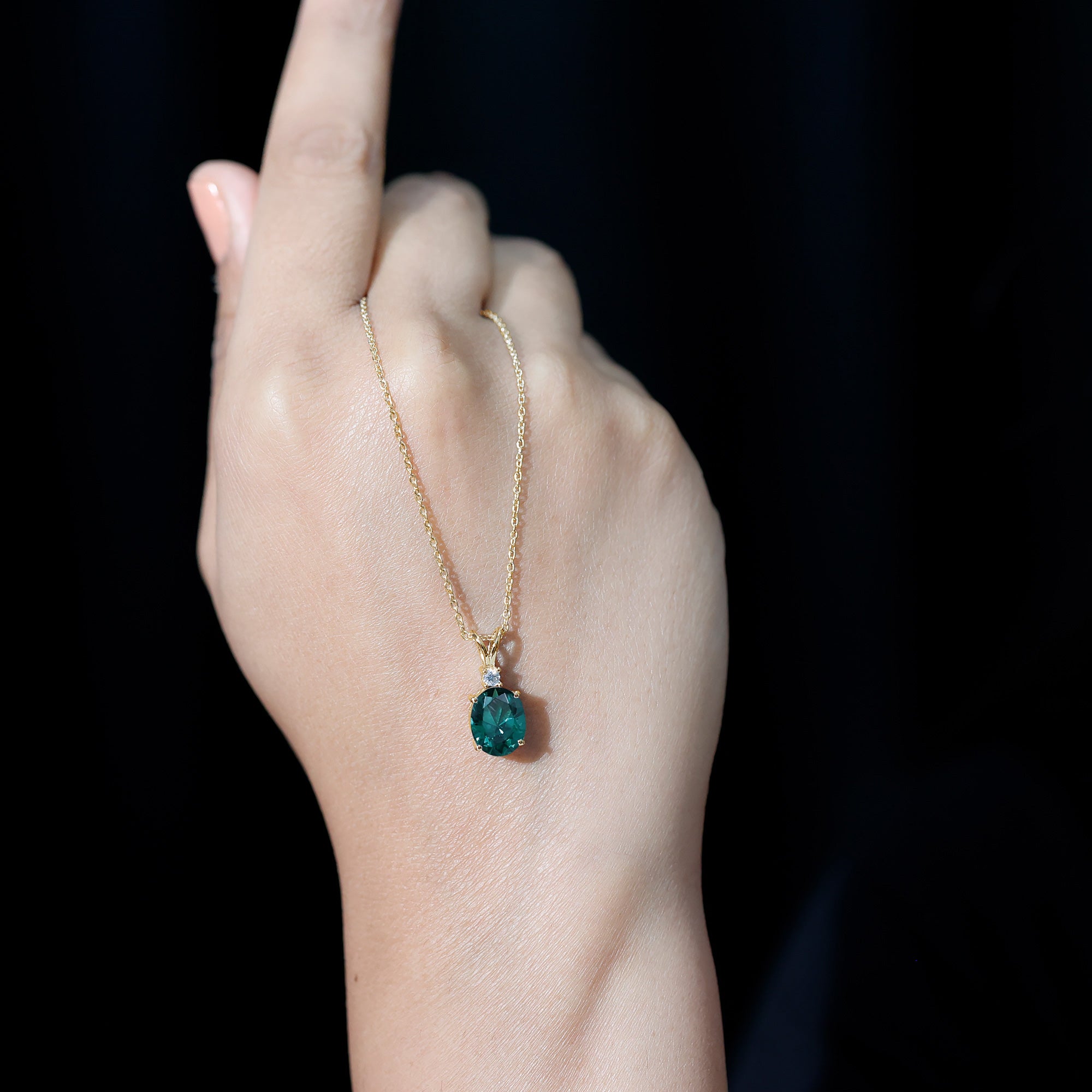 Oval Created Emerald and Moissanite Solitaire Pendant AAAA - Rosec Jewels