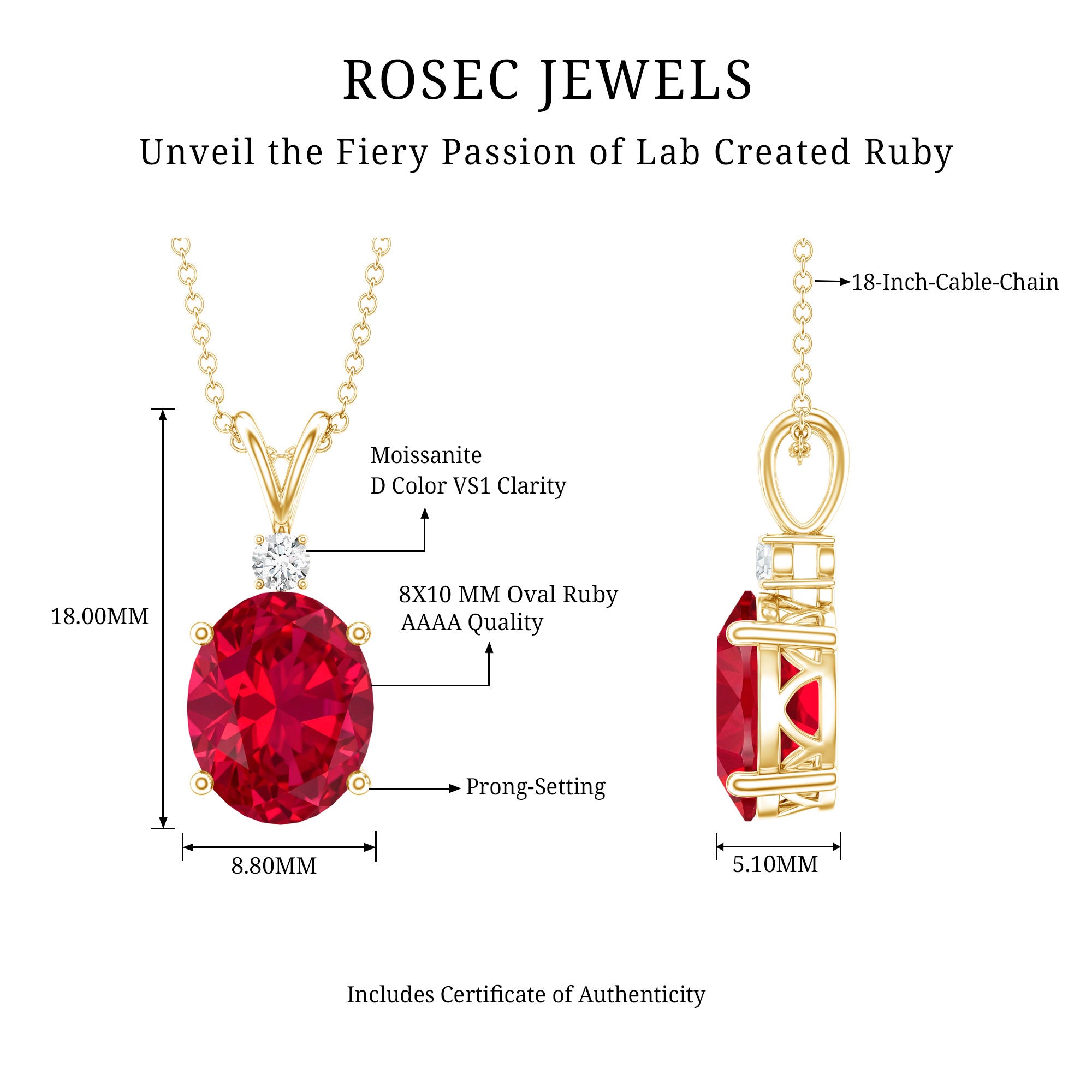 4 Carat Lab Created Ruby Bridal Necklace with Chain AAAA - Rosec Jewels