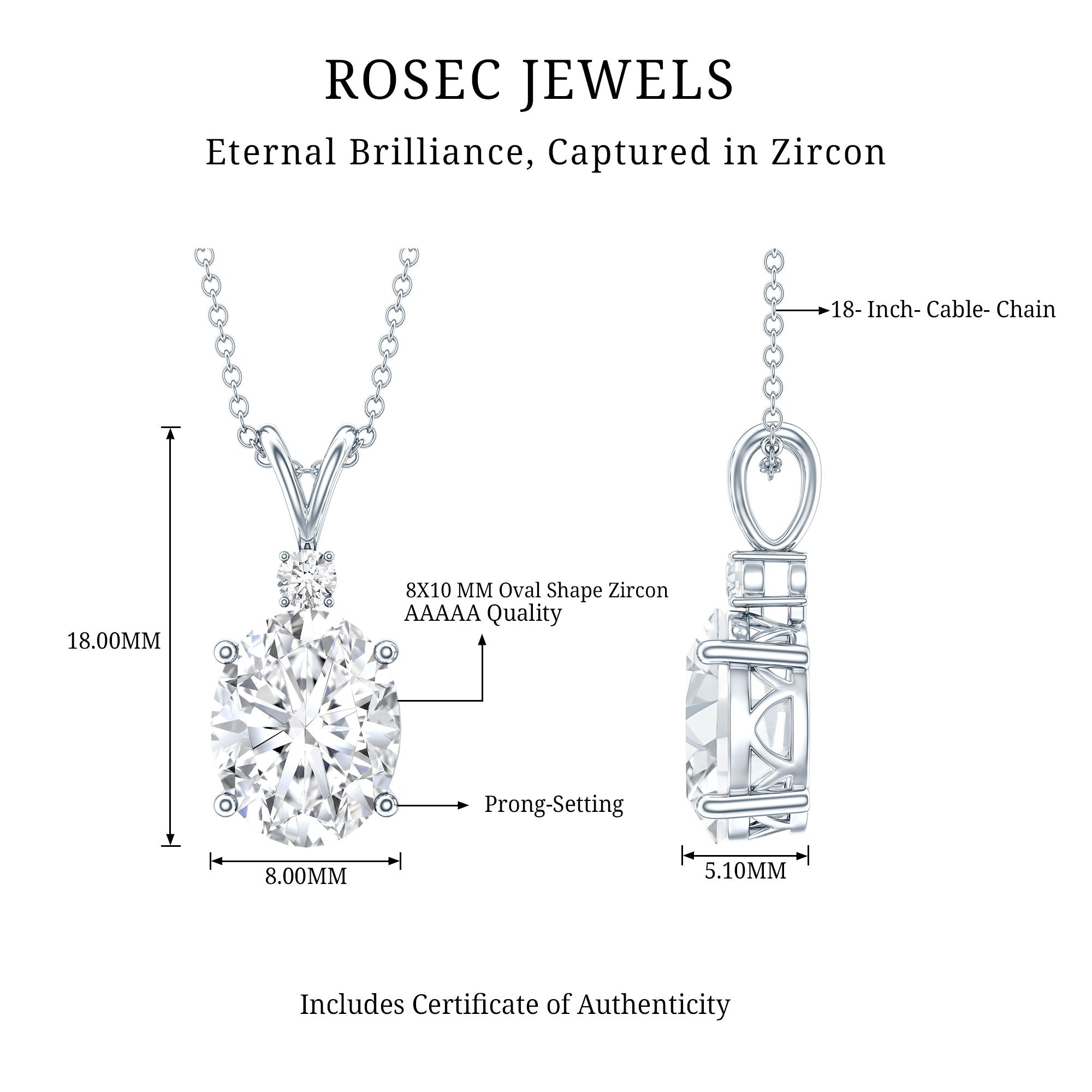 Simulated Diamond Simple Pendant Necklace AAAAA - Rosec Jewels