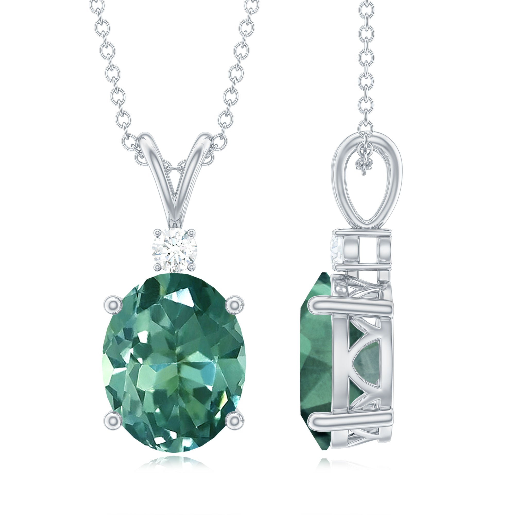 Lab Created Oval Shaped Green Sapphire Solitaire Pendant Necklace