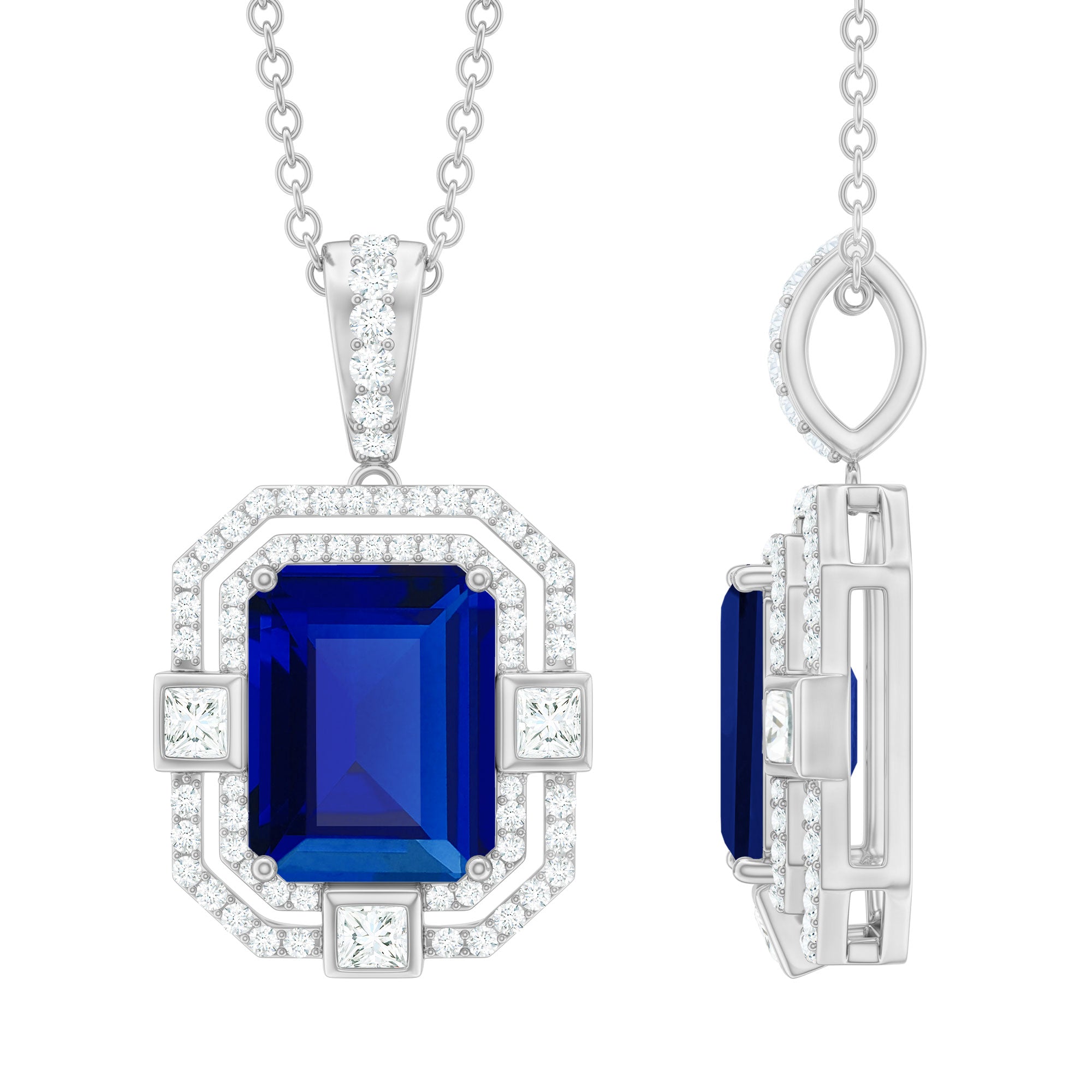 Emerald Cut Created Blue Sapphire Vintage Pendant Necklace with Diamond
