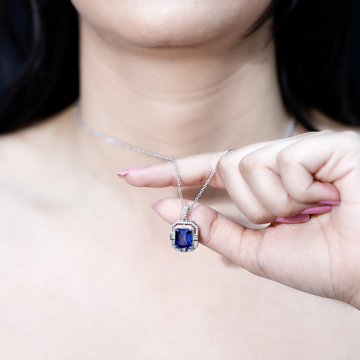 2.7 Carat Emerald Cut Lab Created Blue Sapphire Vintage Necklace with Diamond AAAA - Rosec Jewels