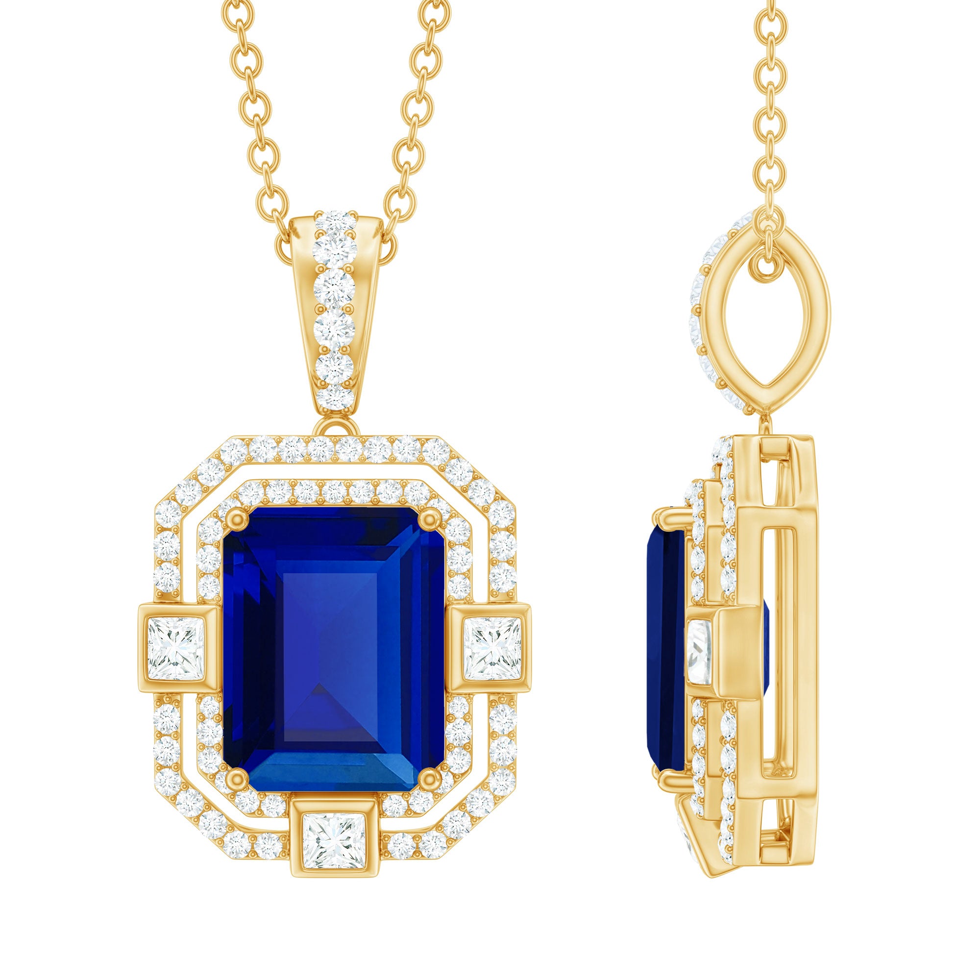8x10mm Emerald Cut Lab Created Blue Sapphire Vintage Necklace with Diamond AAAA - Rosec Jewels