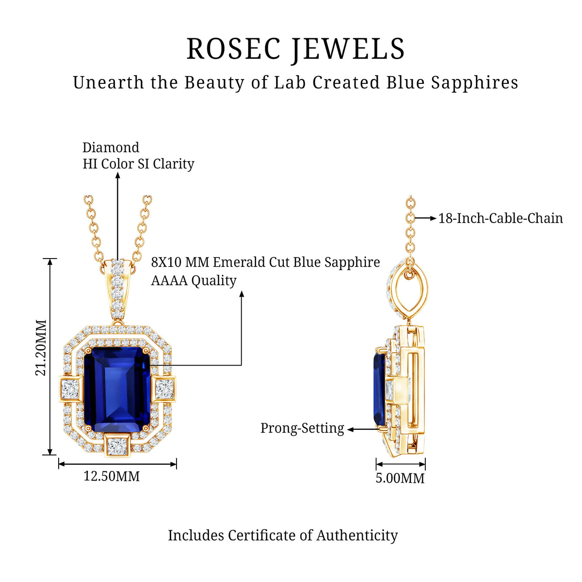 2.7 Carat Emerald Cut Lab Created Blue Sapphire Vintage Necklace with Diamond AAAA - Rosec Jewels