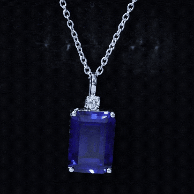 9 Carat Lab Grown Blue Sapphire Emerald Cut Necklace with Diamond AAAA - Rosec Jewels