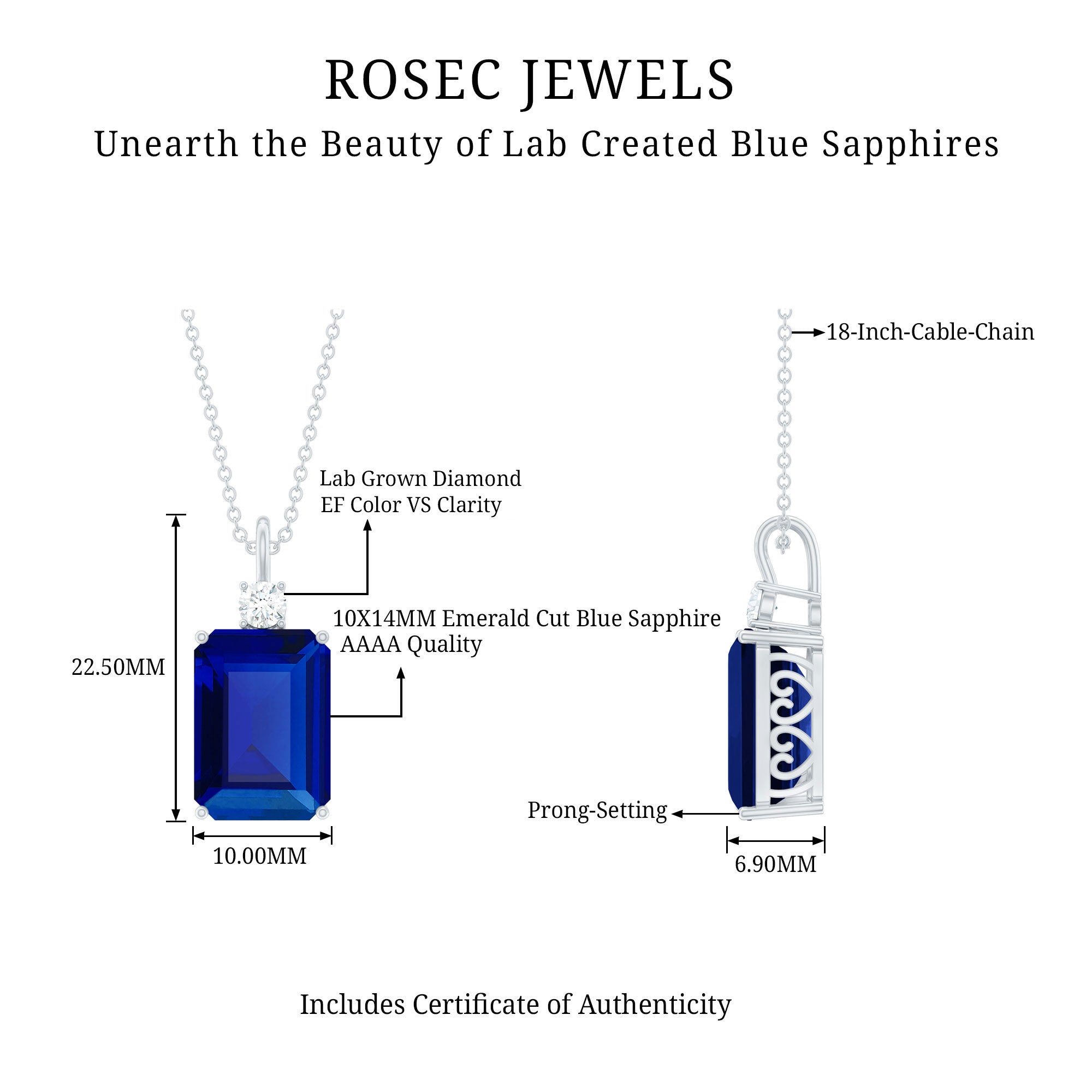 9 Carat Lab Grown Blue Sapphire Emerald Cut Necklace with Diamond AAAA - Rosec Jewels