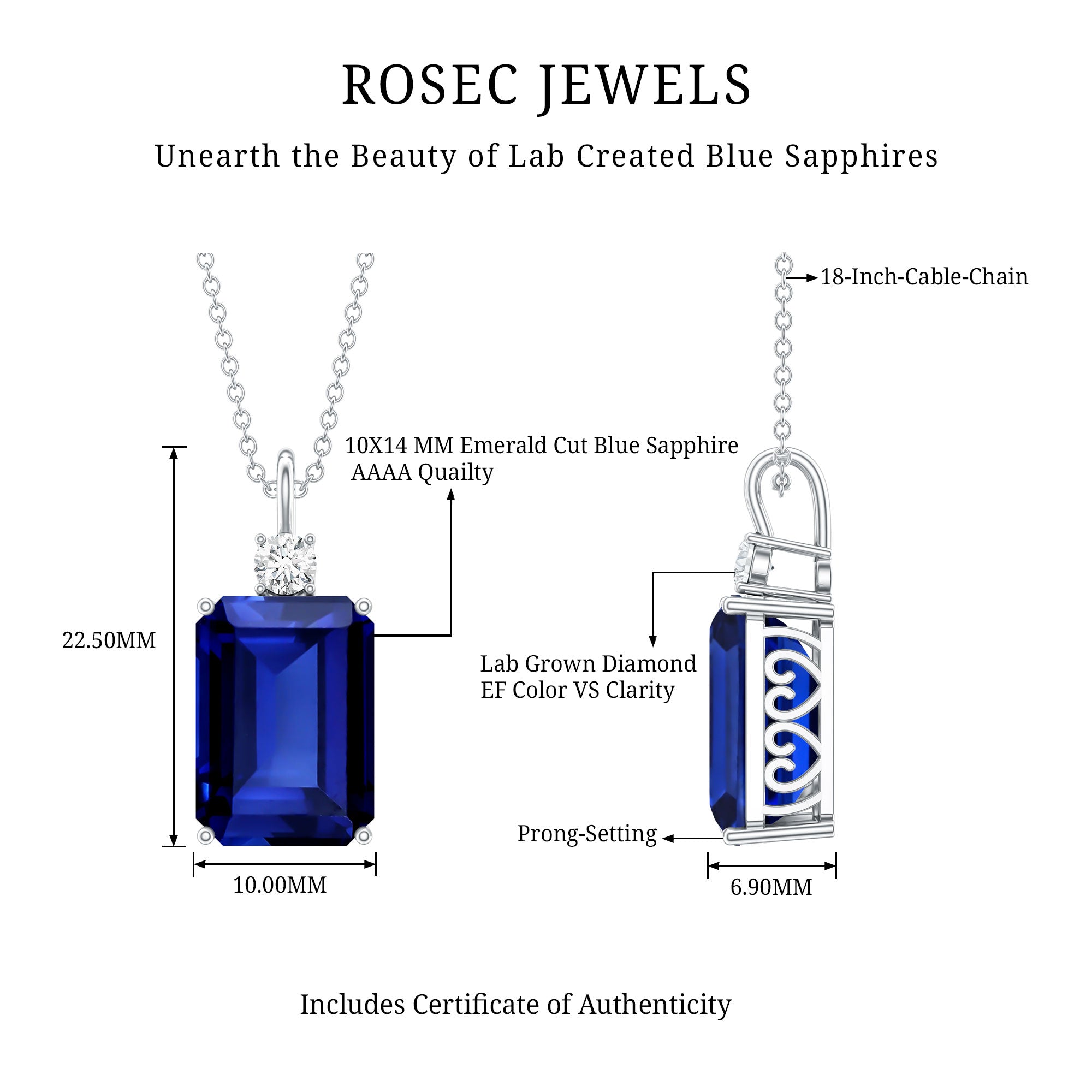 9 Carat Lab Grown Blue Sapphire Emerald Cut Necklace with Diamond AAAA - Rosec Jewels