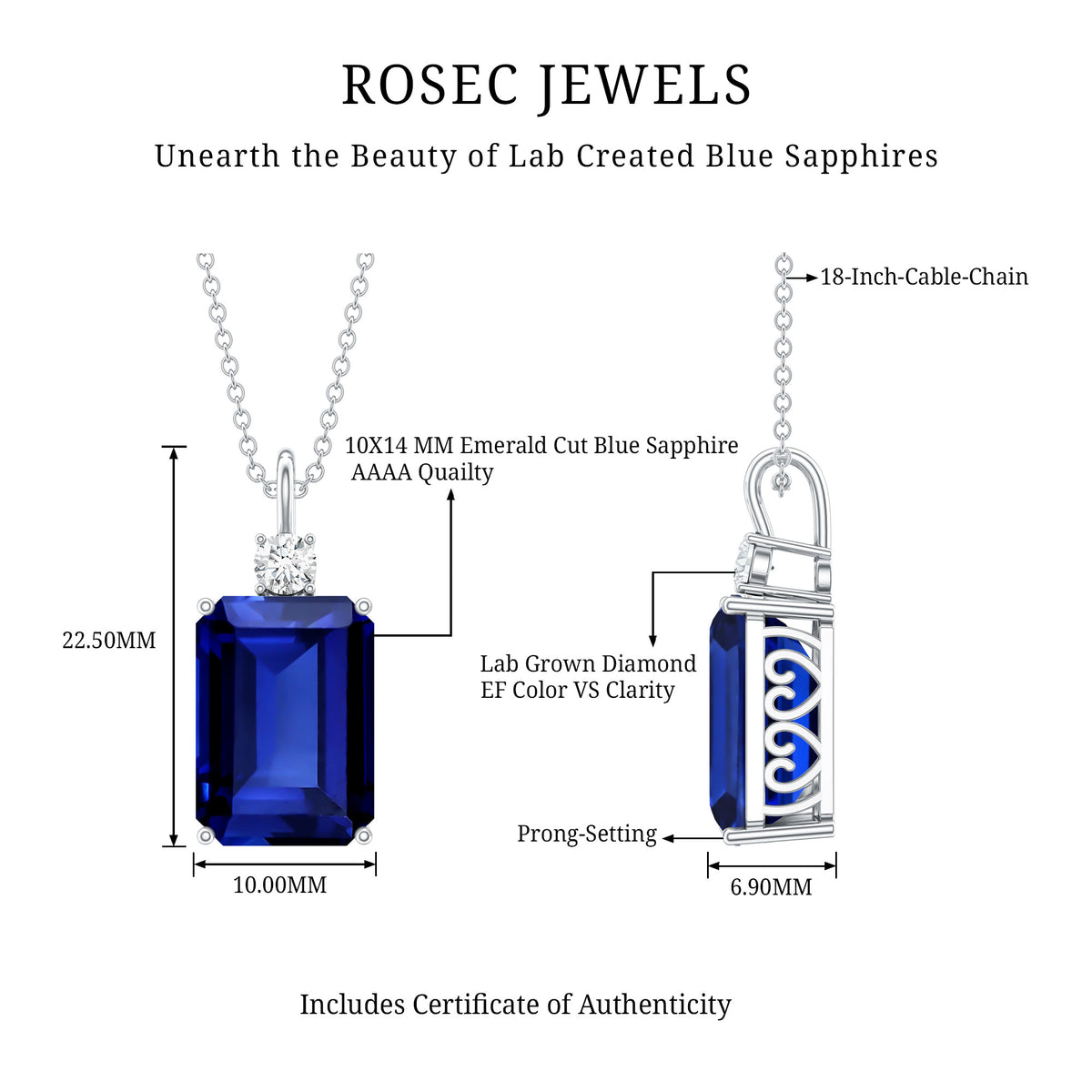 9 Carat Lab Grown Blue Sapphire Emerald Cut Necklace with Diamond AAAA - Rosec Jewels