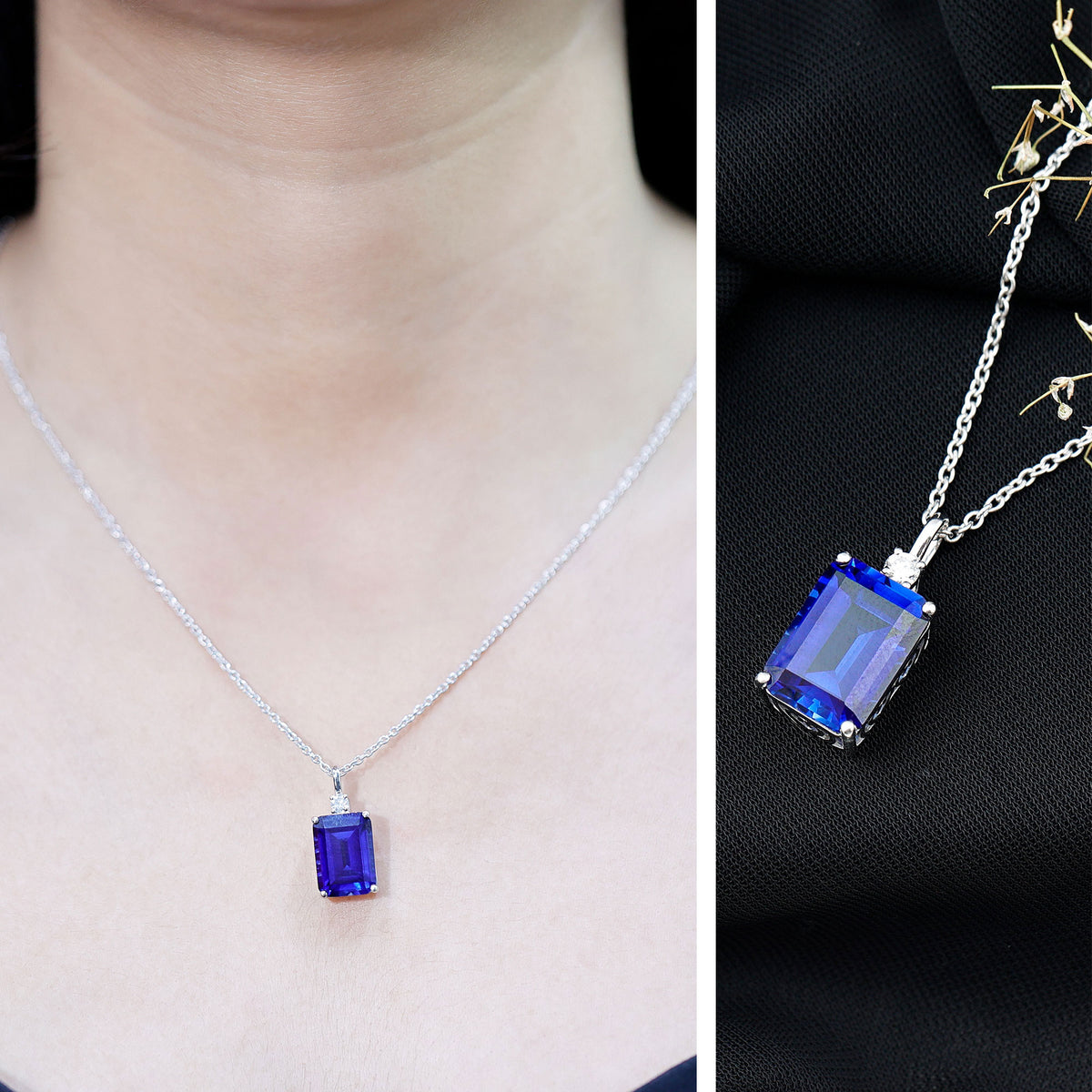 9 Carat Lab Grown Blue Sapphire Emerald Cut Necklace with Diamond AAAA - Rosec Jewels