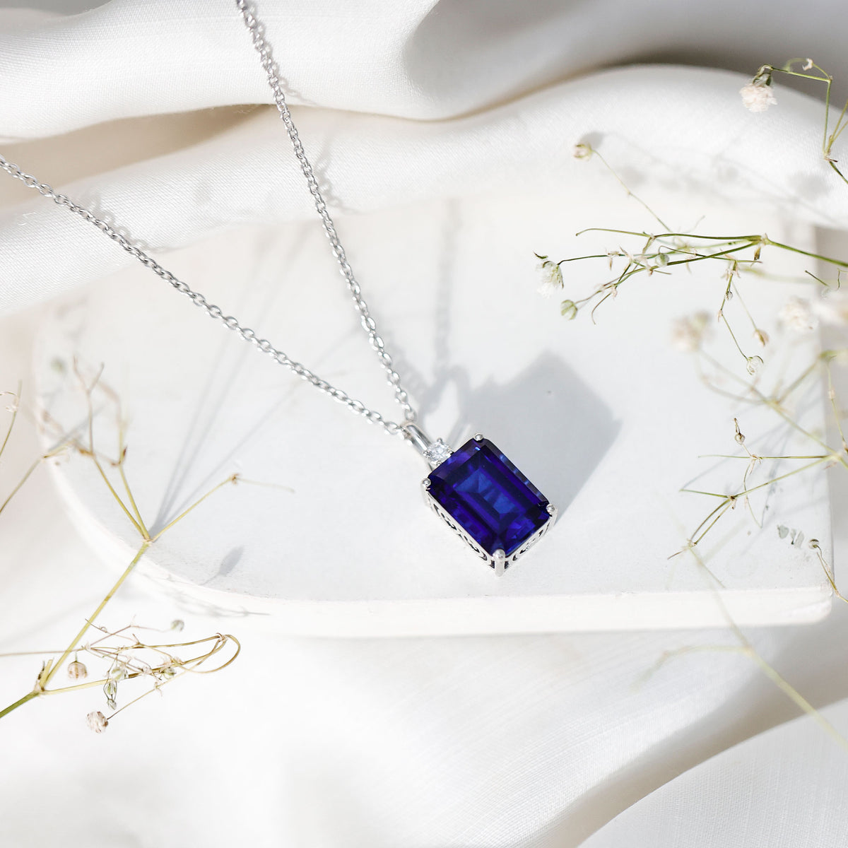 9 Carat Lab Grown Blue Sapphire Emerald Cut Necklace with Diamond AAAA - Rosec Jewels