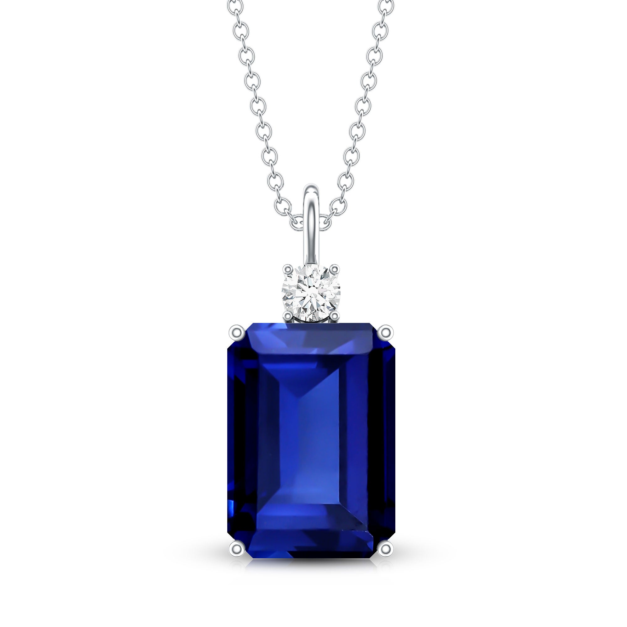 9 Carat Lab Grown Blue Sapphire Emerald Cut Necklace with Diamond AAAA - Rosec Jewels