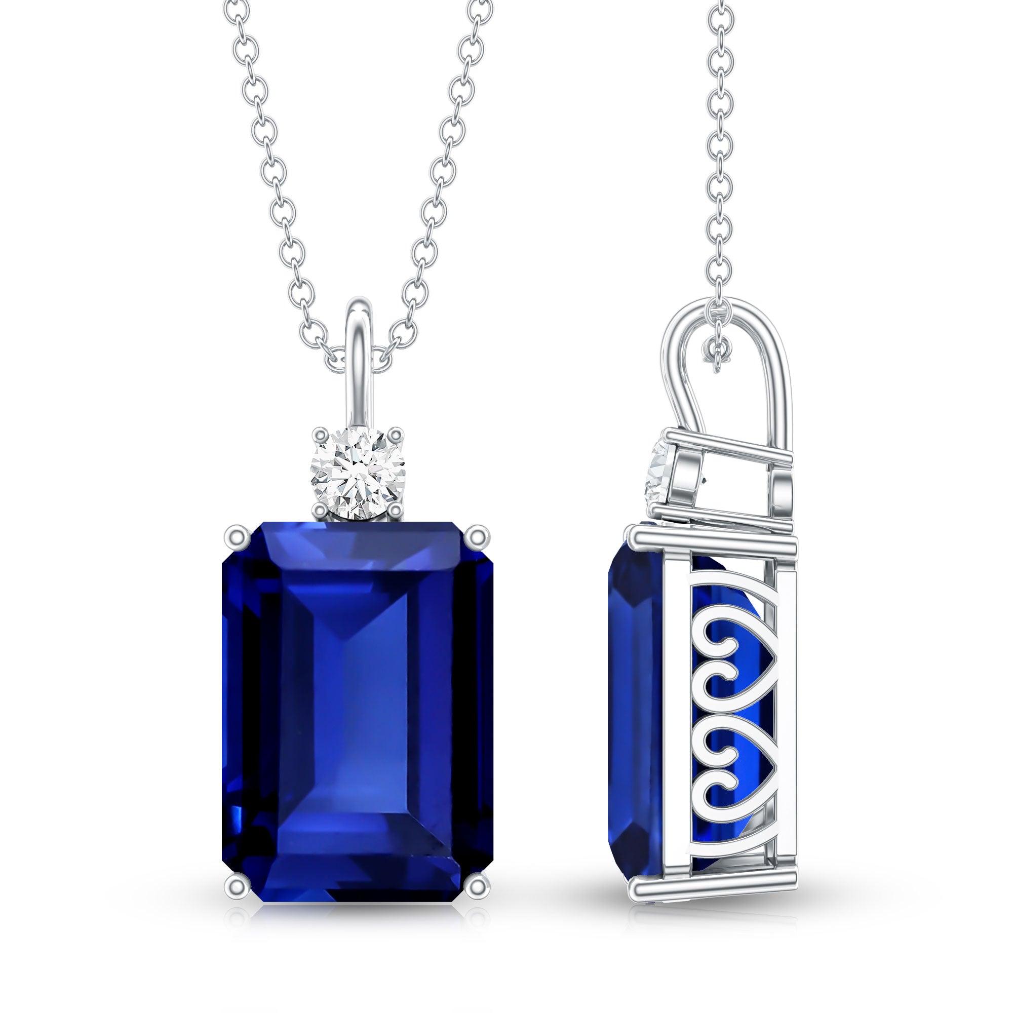 9 Carat Lab Grown Blue Sapphire Emerald Cut Necklace with Diamond AAAA - Rosec Jewels