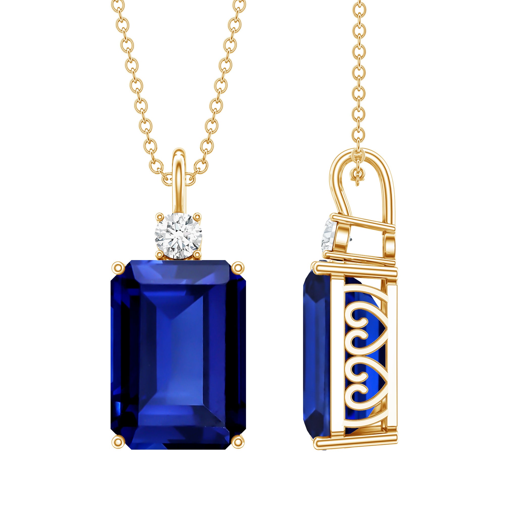 9 Carat Lab Grown Blue Sapphire Emerald Cut Necklace with Diamond AAAA - Rosec Jewels
