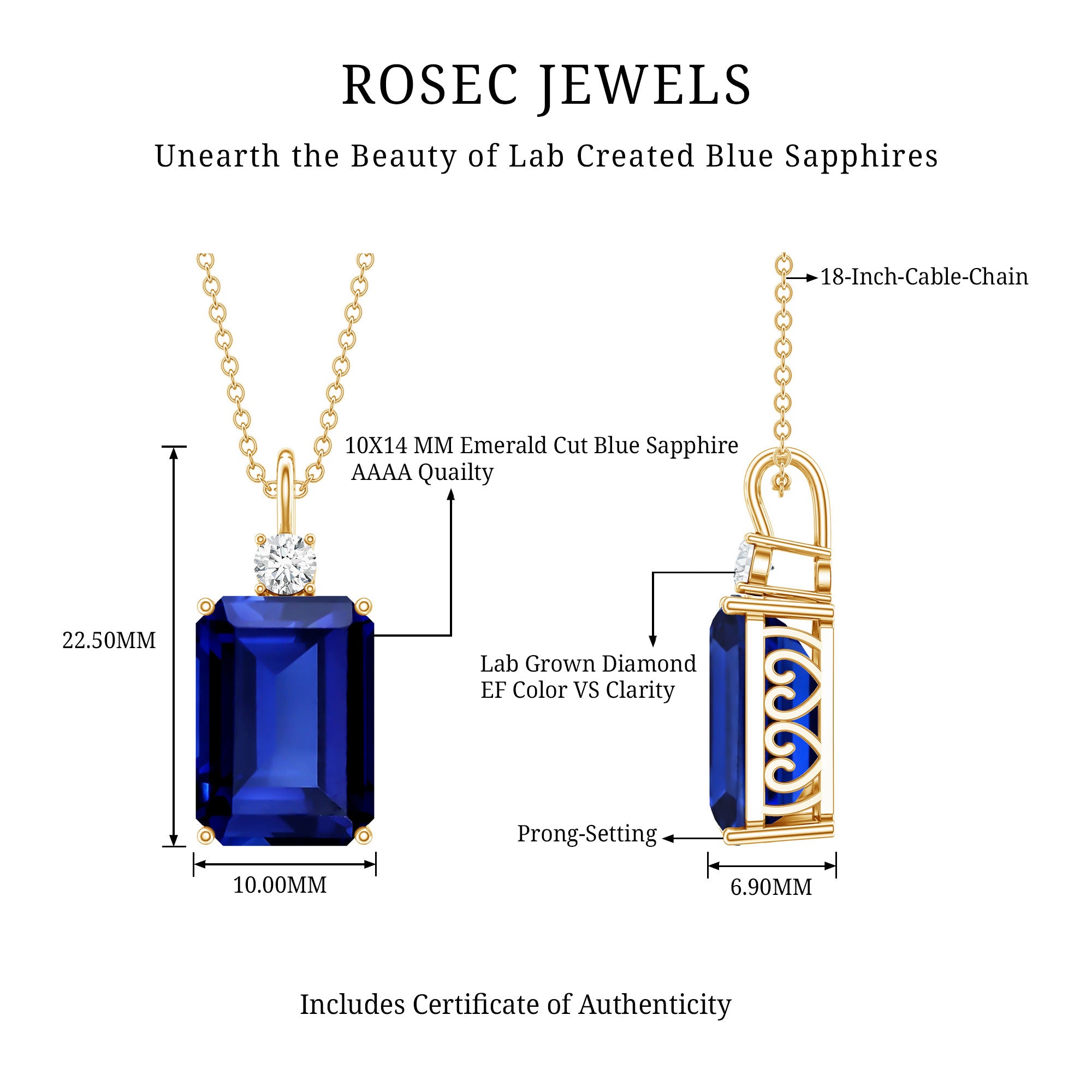 9 Carat Lab Grown Blue Sapphire Emerald Cut Necklace with Diamond AAAA - Rosec Jewels
