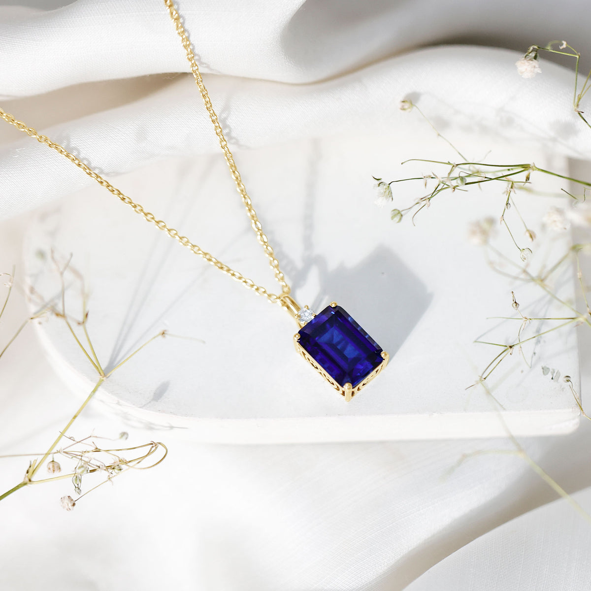 9 Carat Lab Grown Blue Sapphire Emerald Cut Necklace with Diamond AAAA - Rosec Jewels