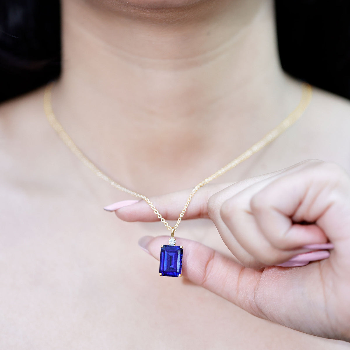9 Carat Lab Grown Blue Sapphire Emerald Cut Necklace with Diamond AAAA - Rosec Jewels