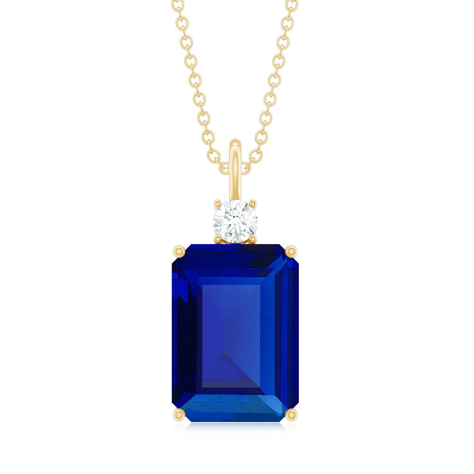 9 Carat Lab Grown Blue Sapphire Emerald Cut Necklace with Diamond AAAA - Rosec Jewels