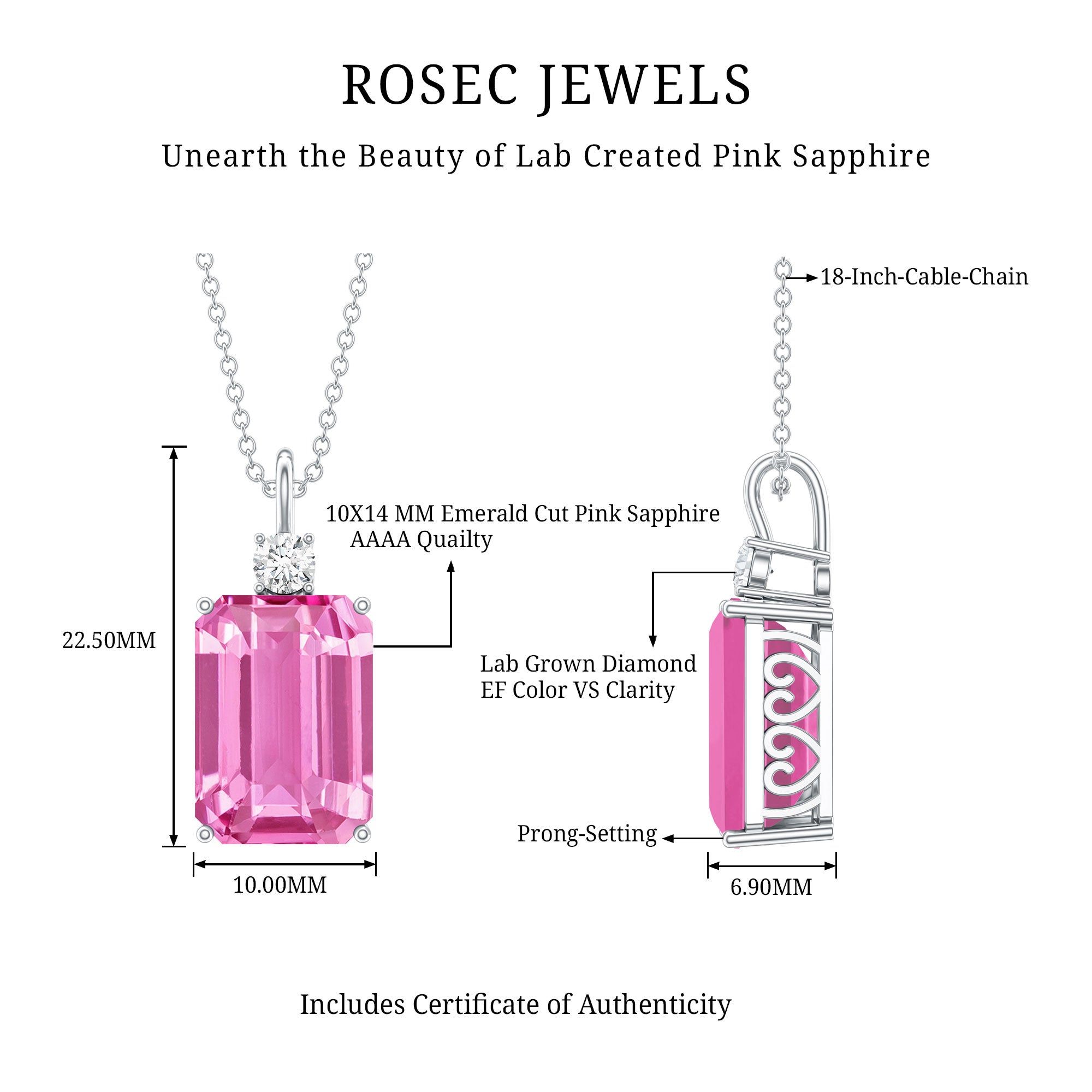 9 Carat Emerald Cut Lab Created Pink Sapphire Pendant with Diamond AAAA - Rosec Jewels
