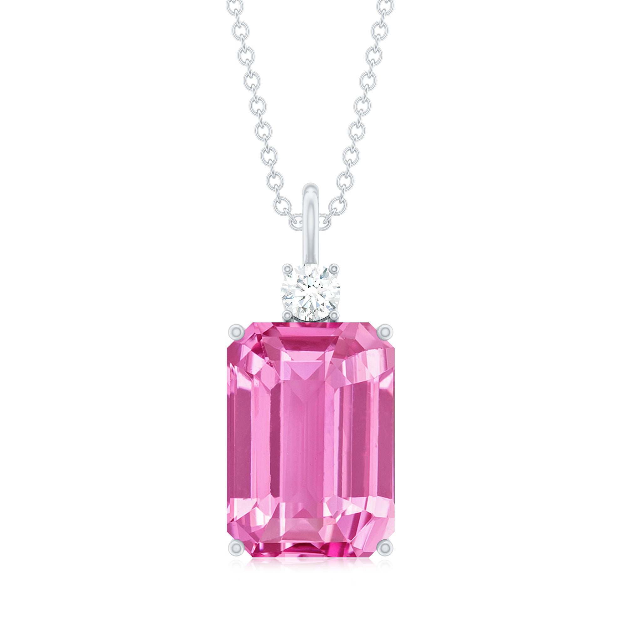 9 Carat Emerald Cut Lab Created Pink Sapphire Pendant with Diamond AAAA - Rosec Jewels