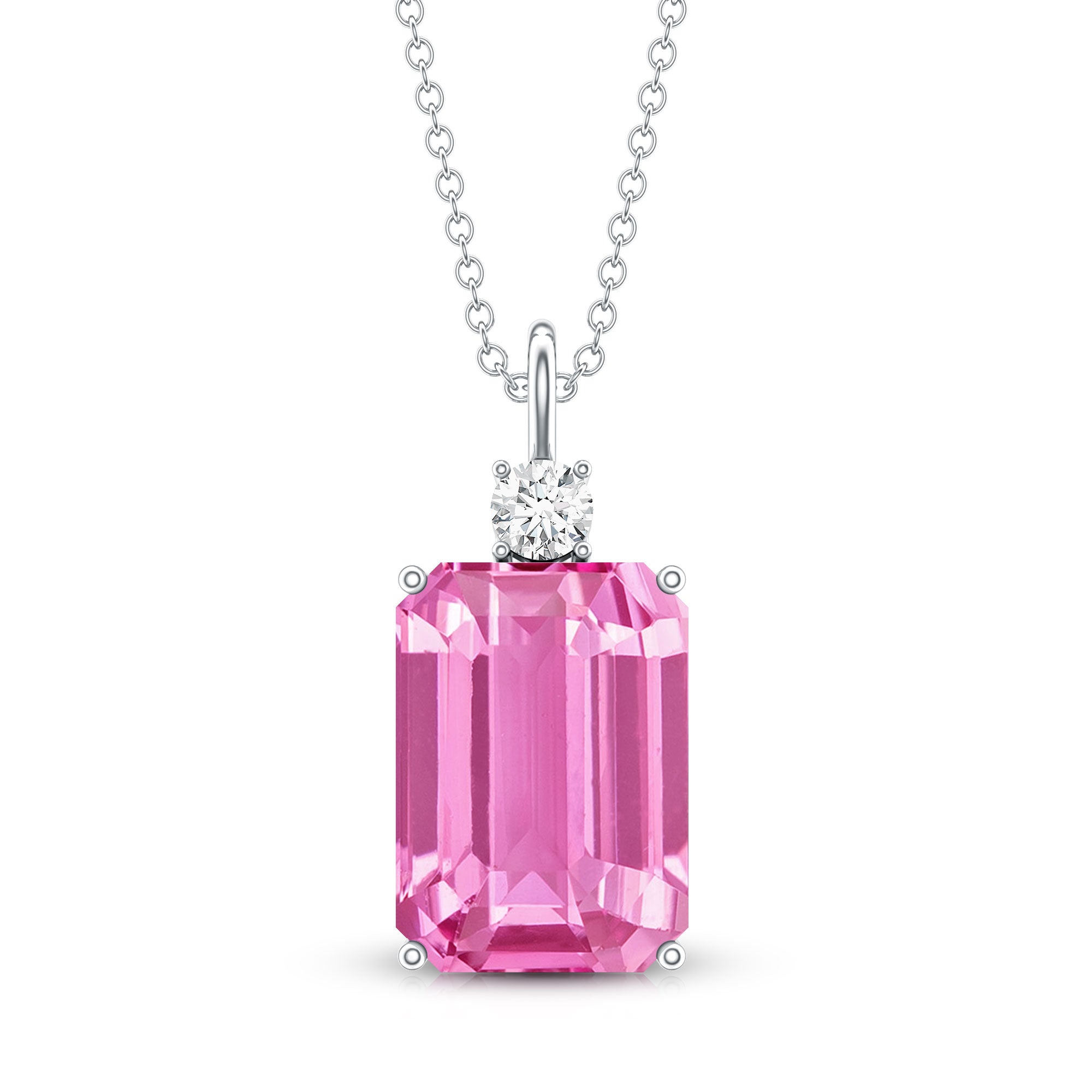 9 Carat Emerald Cut Lab Created Pink Sapphire Pendant with Diamond AAAA - Rosec Jewels