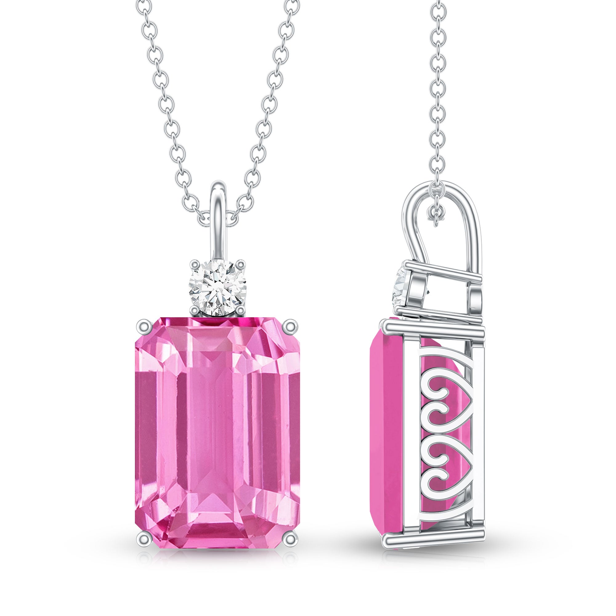 9 Carat Emerald Cut Lab Created Pink Sapphire Pendant with Diamond AAAA - Rosec Jewels