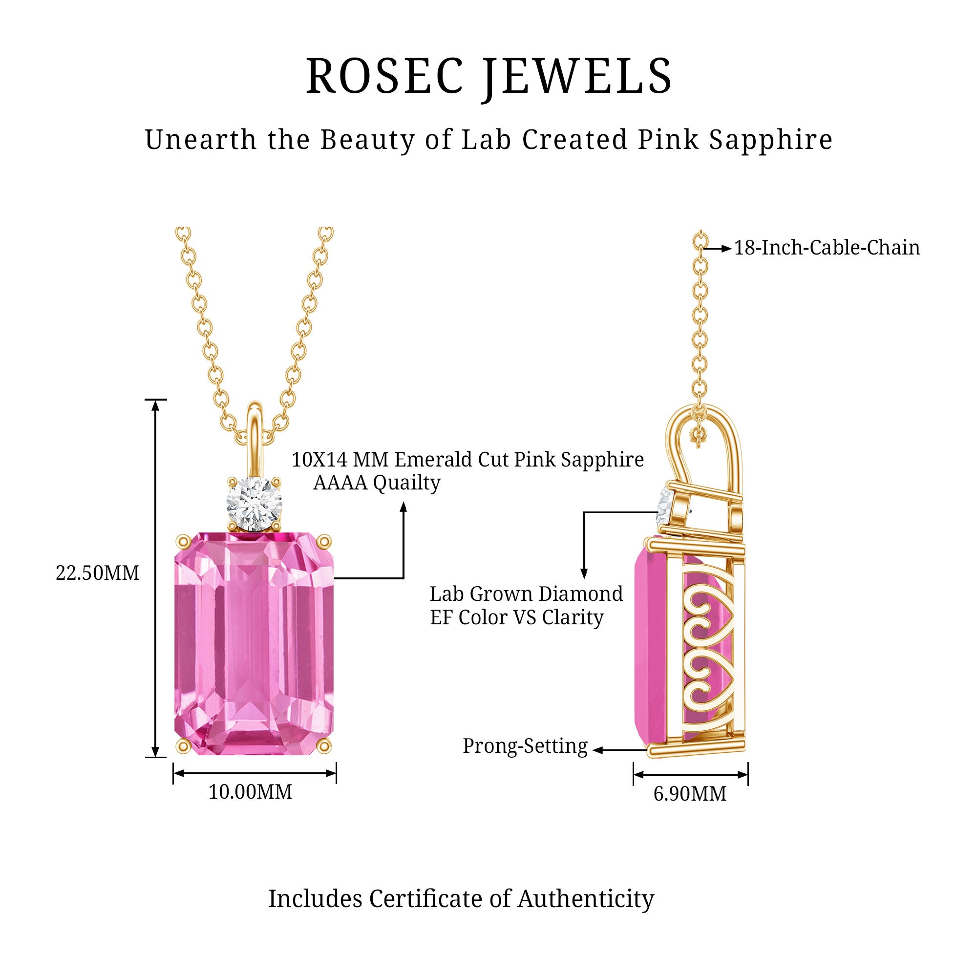 9 Carat Emerald Cut Lab Created Pink Sapphire Pendant with Diamond AAAA - Rosec Jewels