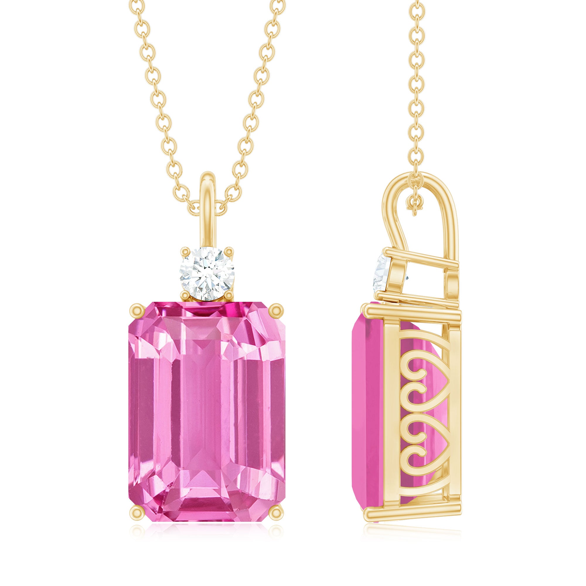 9 Carat Emerald Cut Lab Created Pink Sapphire Pendant with Diamond AAAA - Rosec Jewels