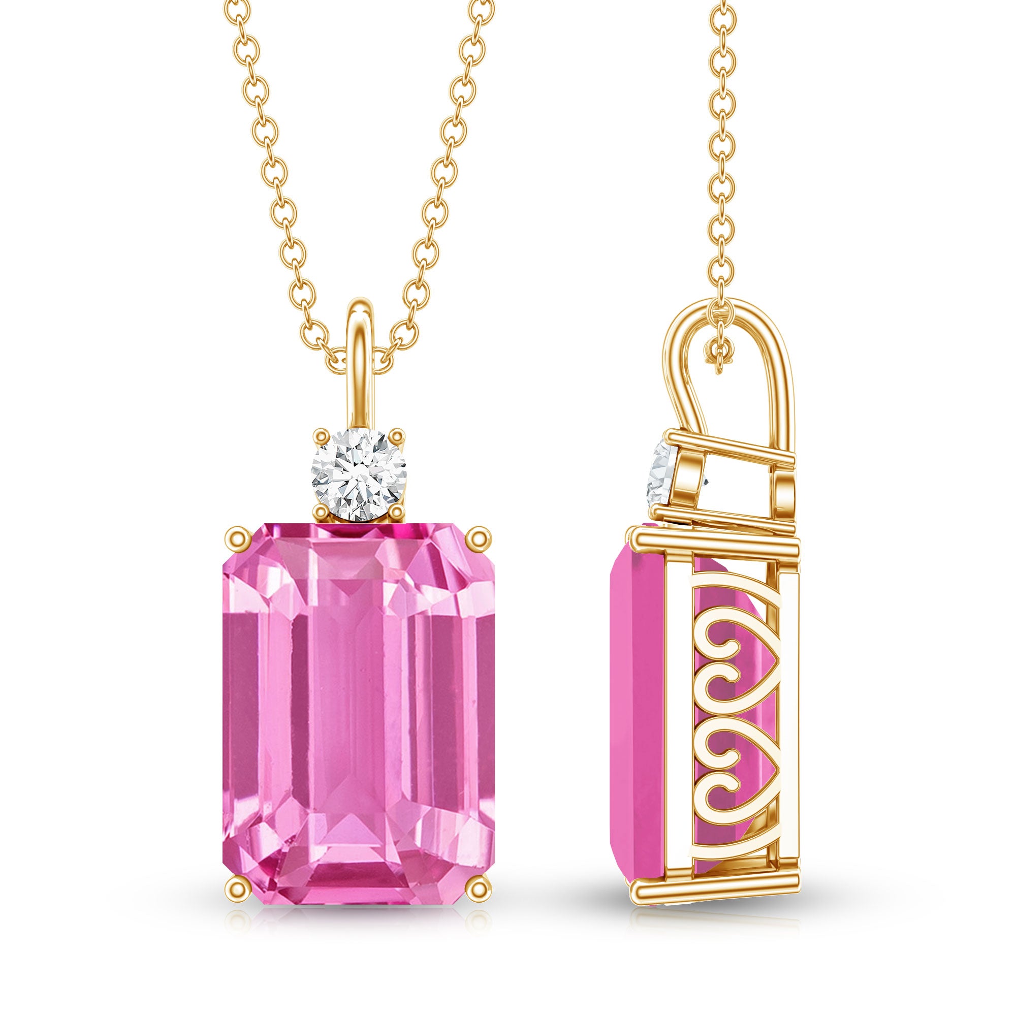 9 Carat Emerald Cut Lab Created Pink Sapphire Pendant with Diamond AAAA - Rosec Jewels