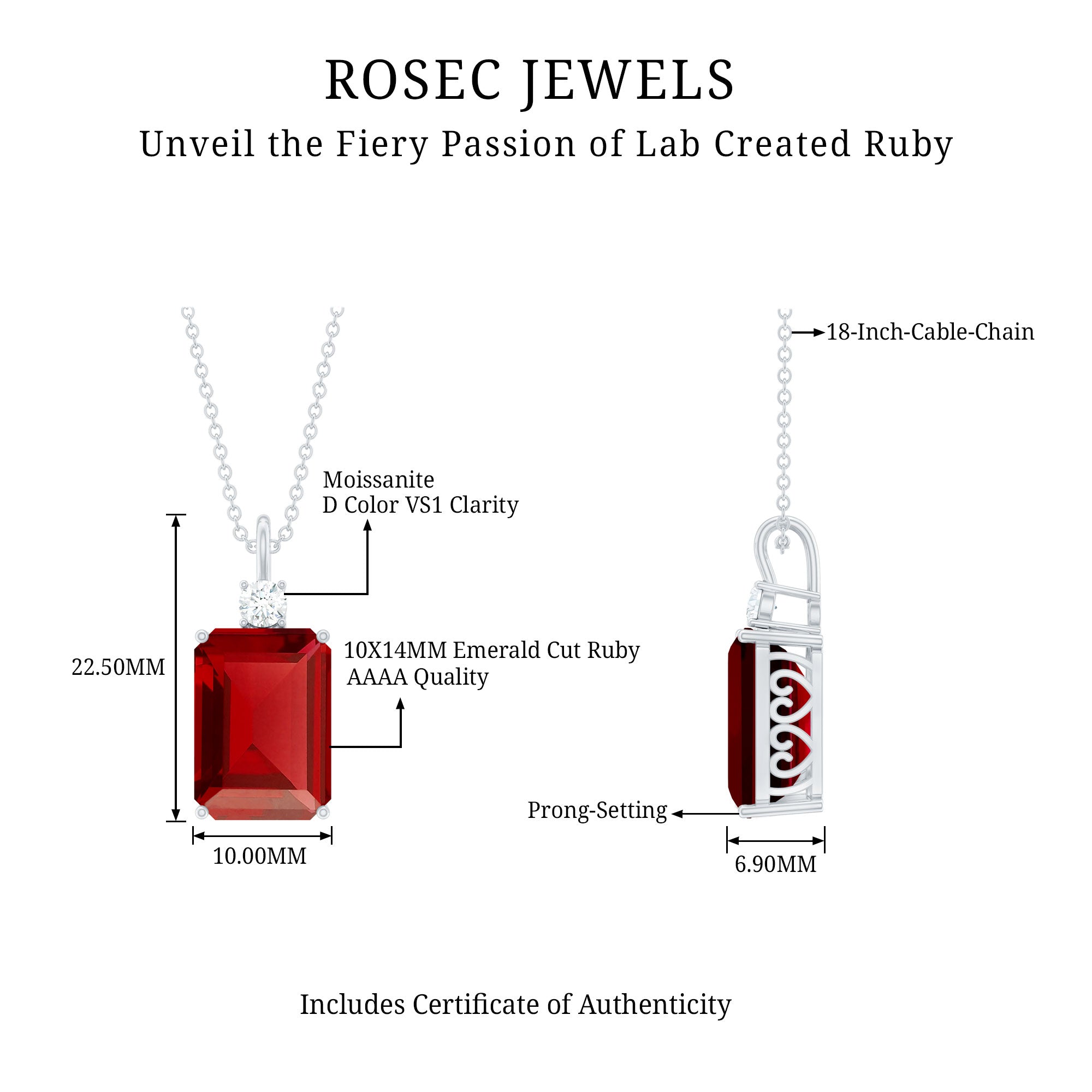 5 Carat Emerald Cut Lab Created Ruby Solitaire Pendant with Diamond AAAA - Rosec Jewels