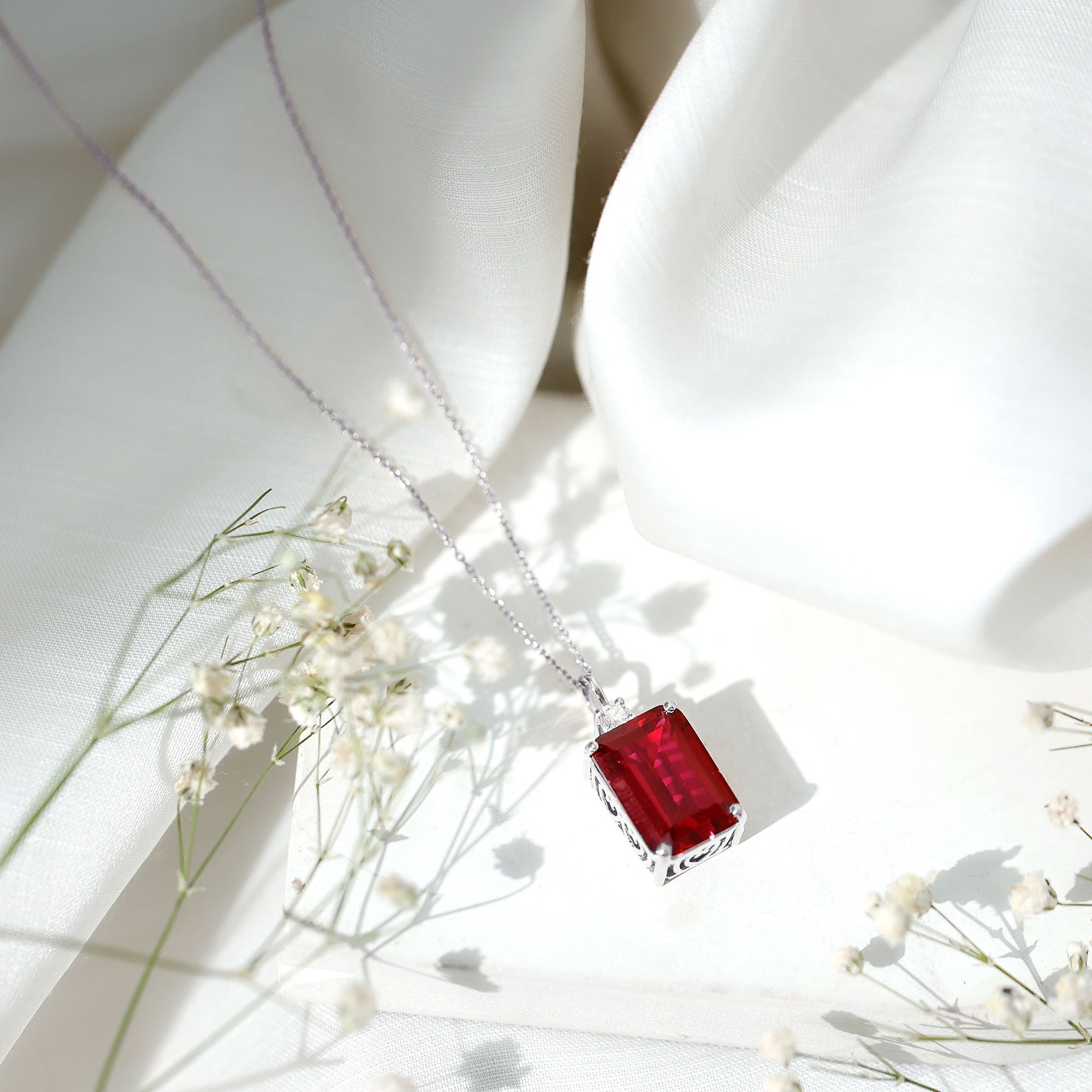 5 Carat Emerald Cut Lab Created Ruby Solitaire Pendant with Diamond AAAA - Rosec Jewels