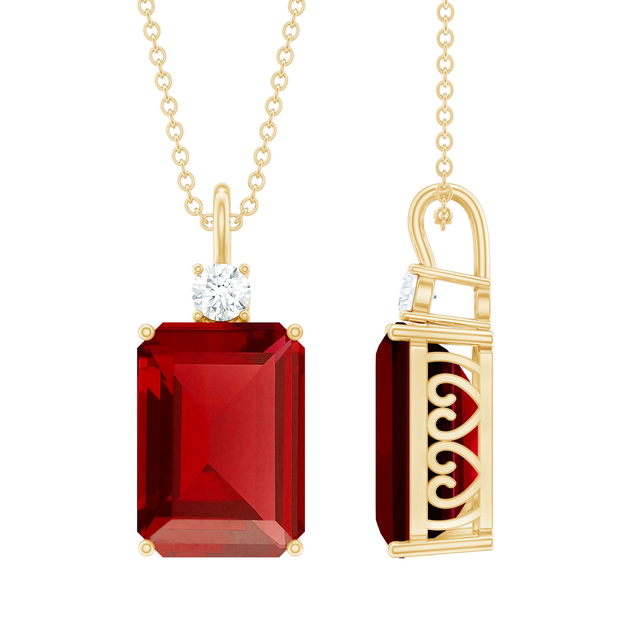 5 Carat Emerald Cut Lab Created Ruby Solitaire Pendant with Diamond AAAA - Rosec Jewels