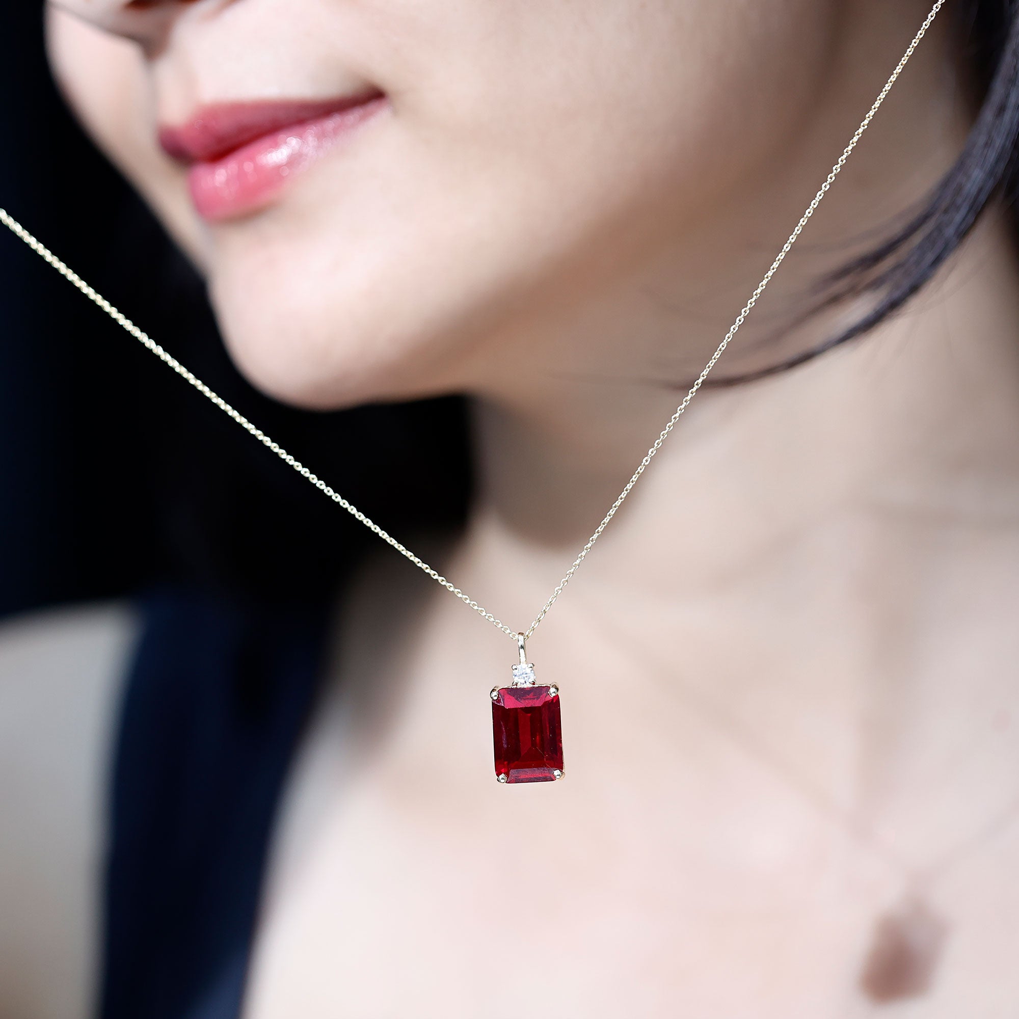 5 Carat Emerald Cut Lab Created Ruby Solitaire Pendant with Diamond AAAA - Rosec Jewels