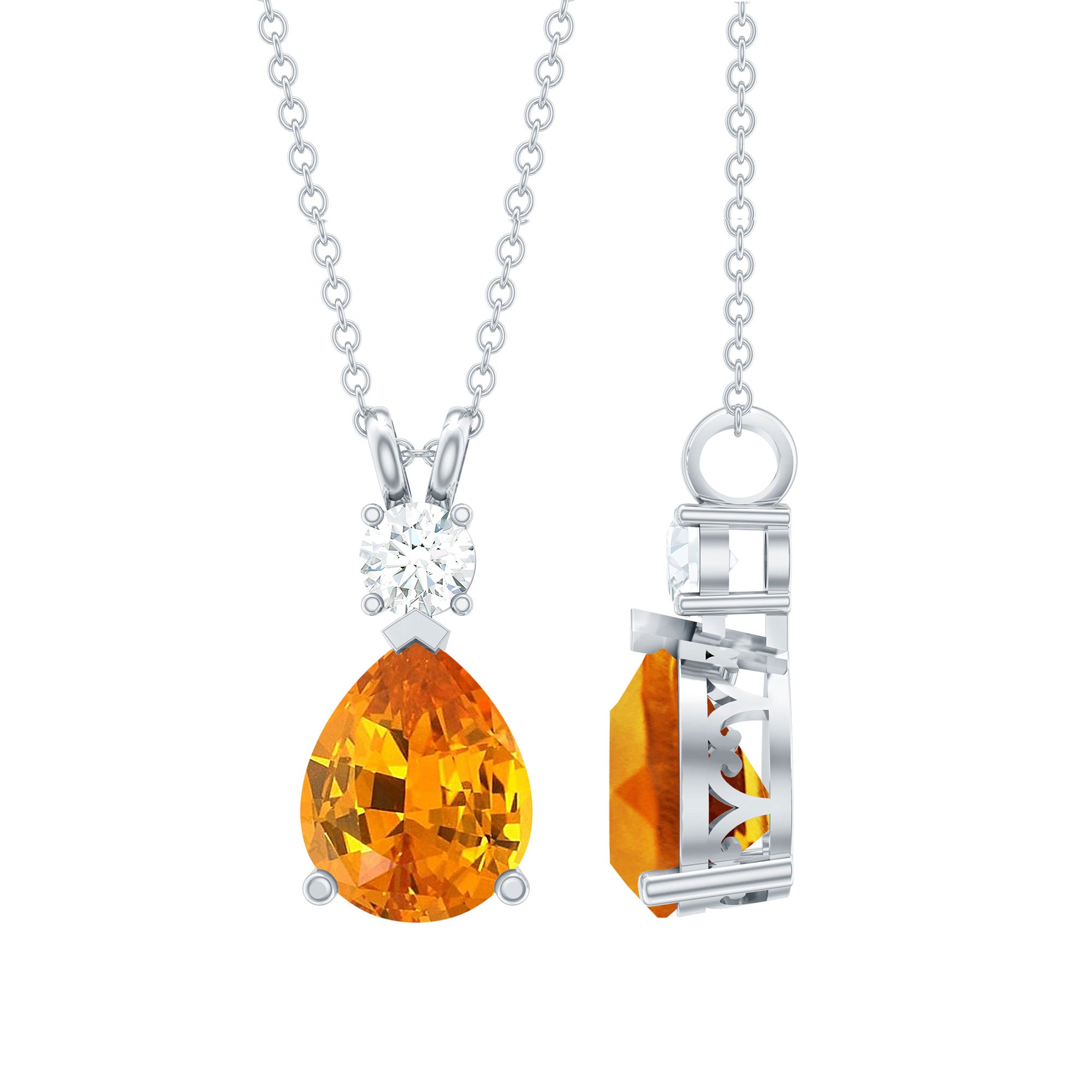 3 Carat Lab Created Orange Sapphire Teardrop Necklace with Diamond AAAA - Rosec Jewels