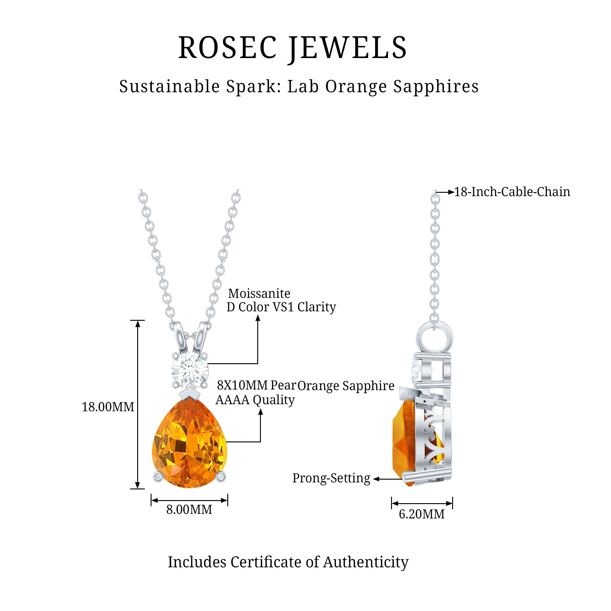 3 Carat Lab Created Orange Sapphire Teardrop Necklace with Diamond AAAA - Rosec Jewels