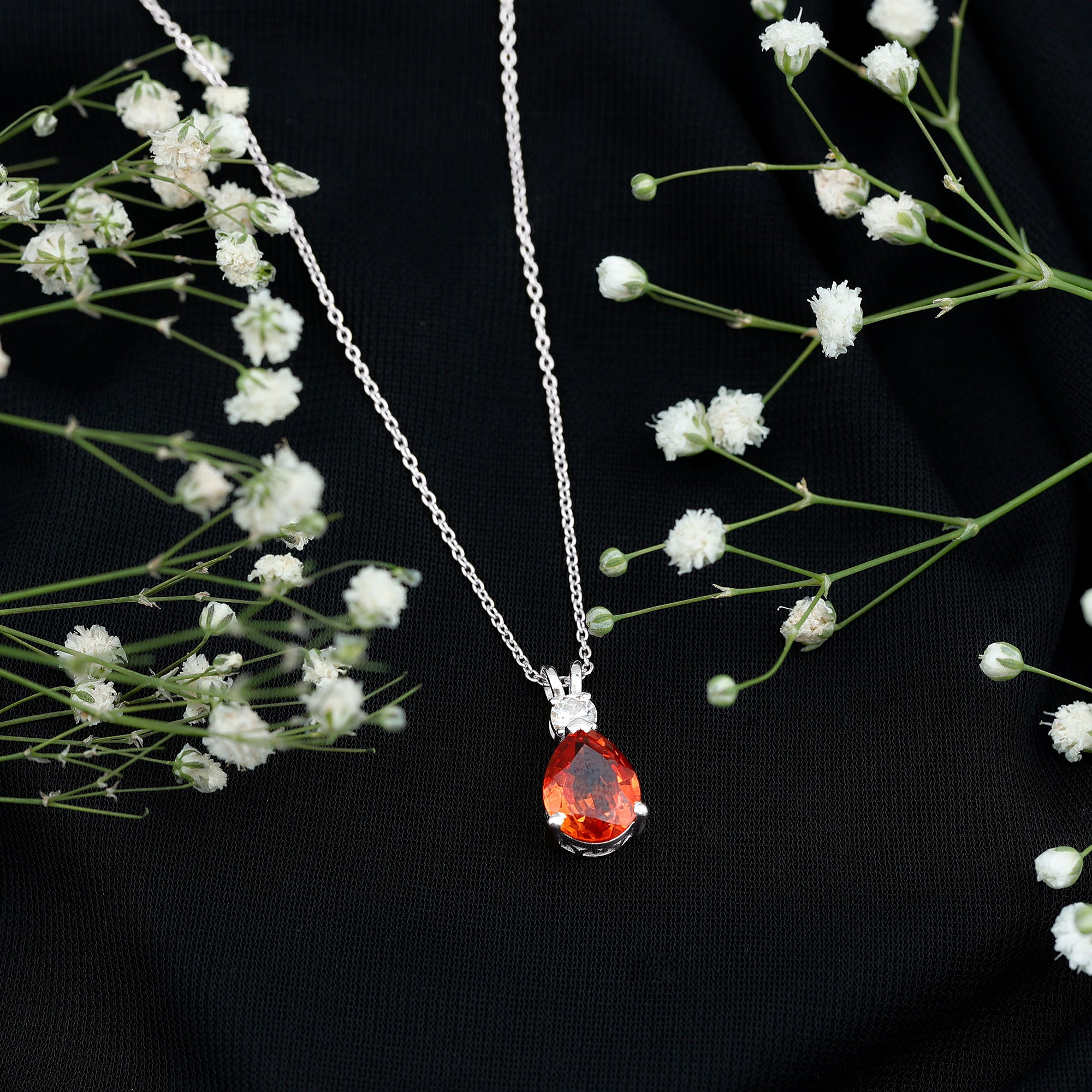 3 Carat Lab Created Orange Sapphire Teardrop Necklace with Diamond AAAA - Rosec Jewels