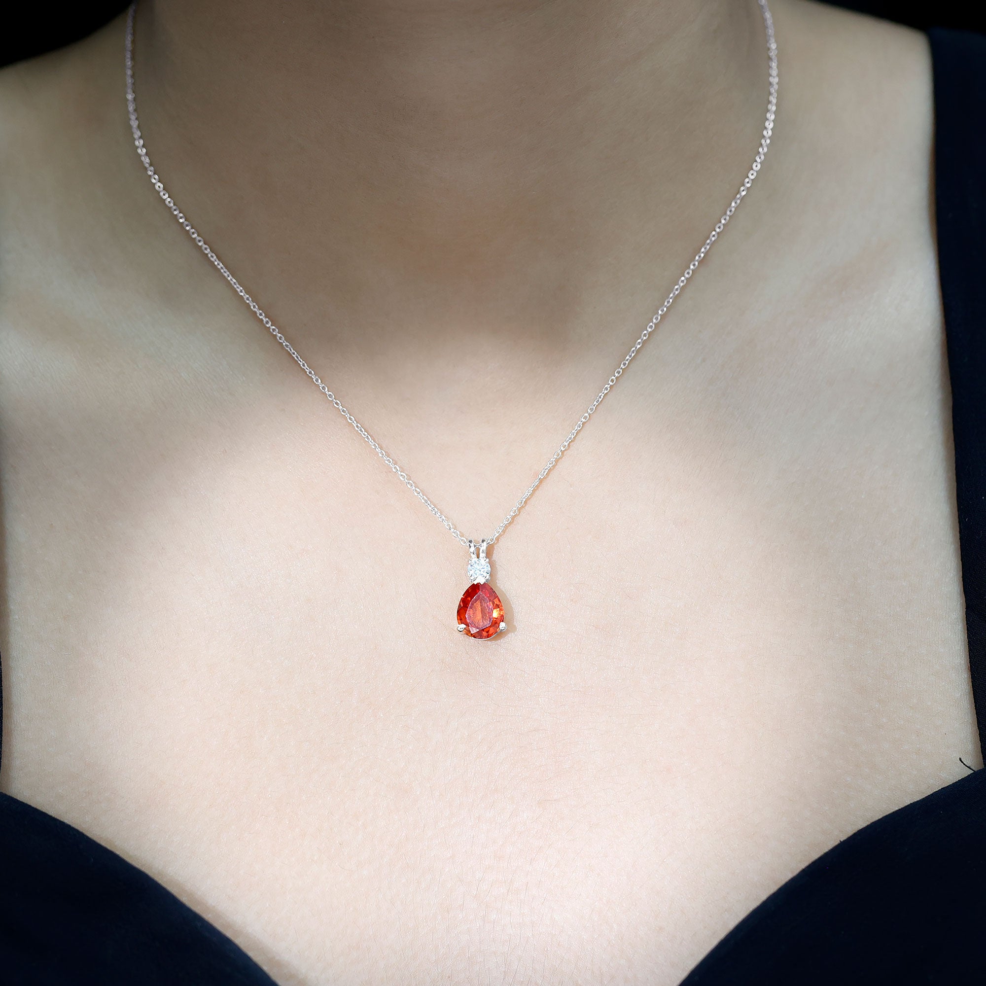 3 Carat Lab Created Orange Sapphire Teardrop Necklace with Diamond AAAA - Rosec Jewels
