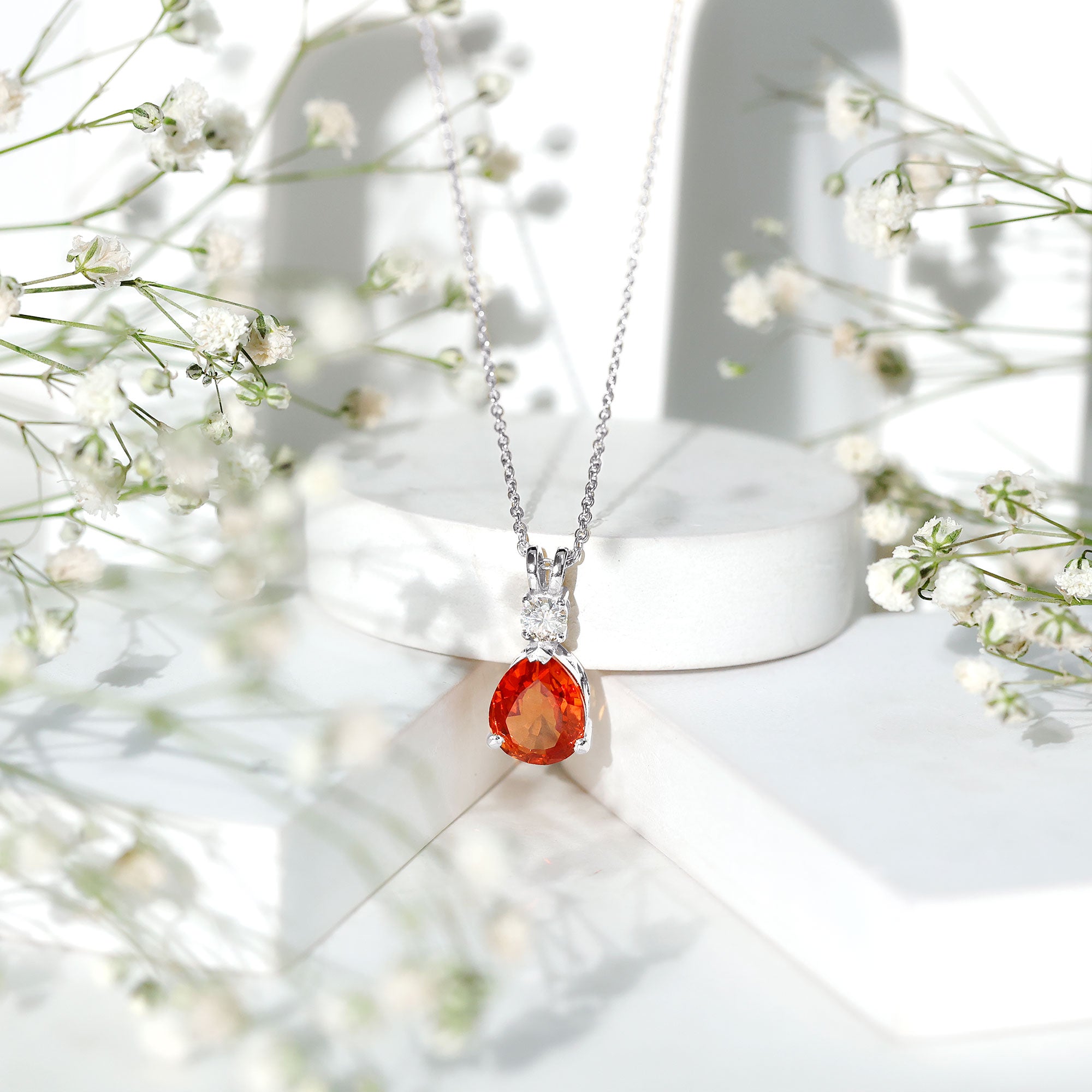 3 Carat Lab Created Orange Sapphire Teardrop Necklace with Diamond AAAA - Rosec Jewels