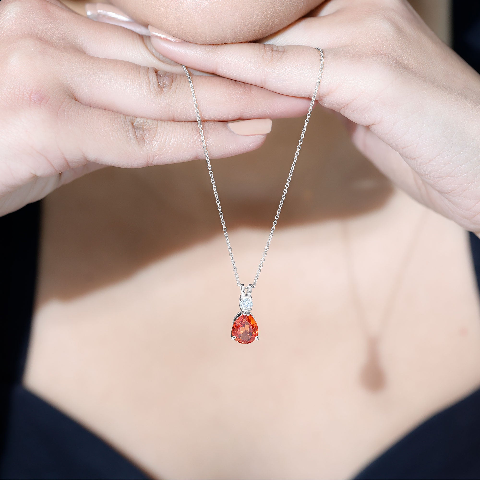 3 Carat Lab Created Orange Sapphire Teardrop Necklace with Diamond AAAA - Rosec Jewels