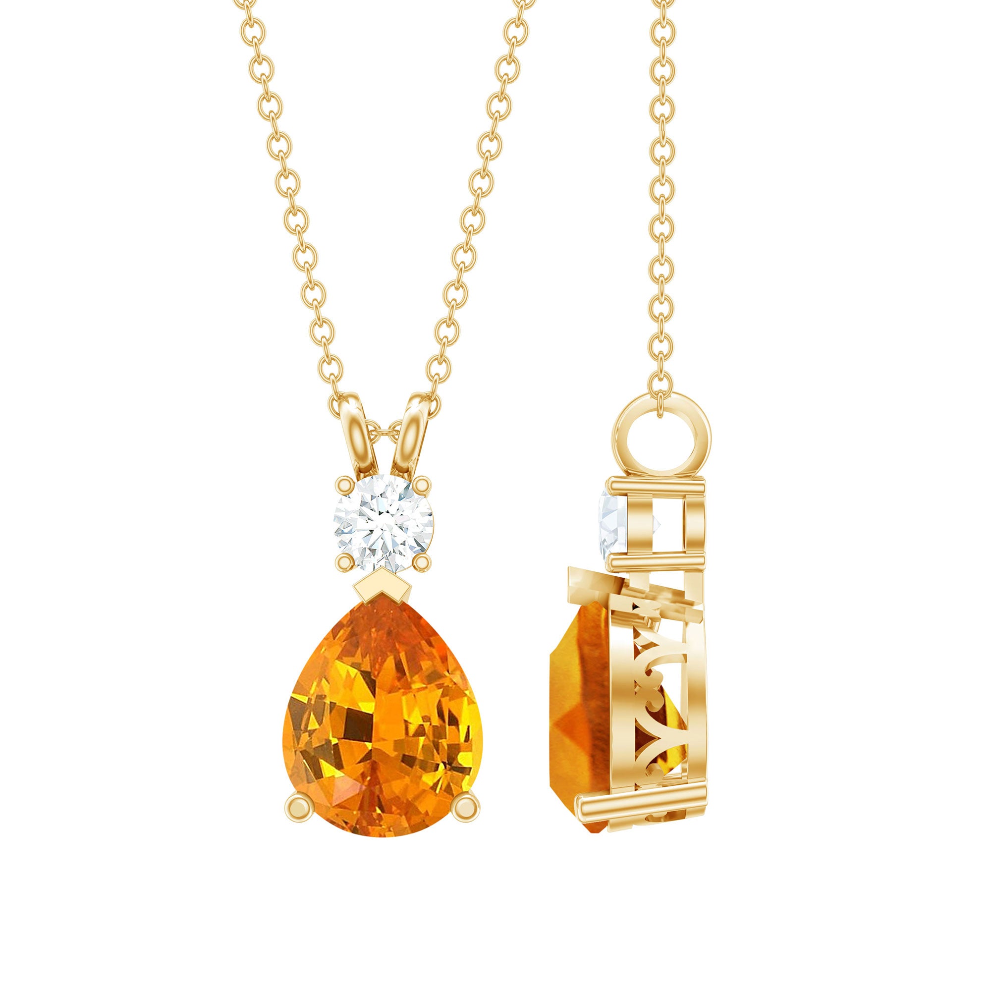 3 Carat Lab Created Orange Sapphire Teardrop Necklace with Diamond AAAA - Rosec Jewels