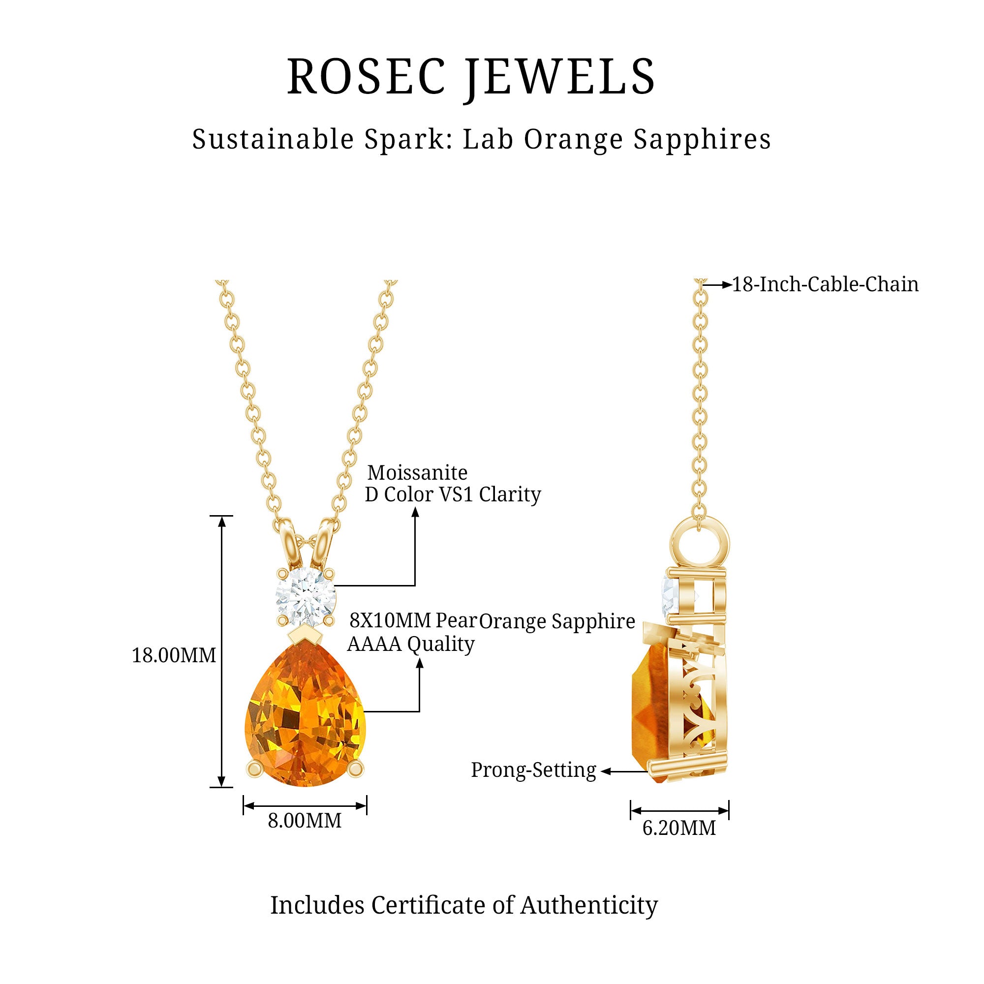 3 Carat Lab Created Orange Sapphire Teardrop Necklace with Diamond AAAA - Rosec Jewels