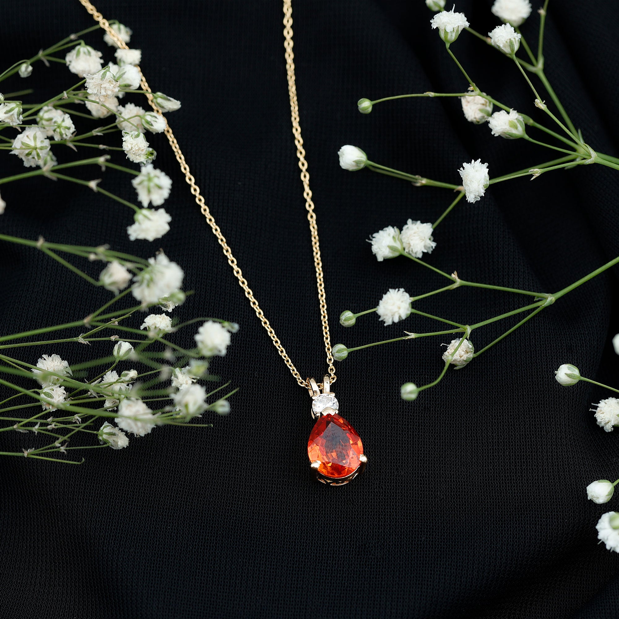 3 Carat Lab Created Orange Sapphire Teardrop Necklace with Diamond AAAA - Rosec Jewels
