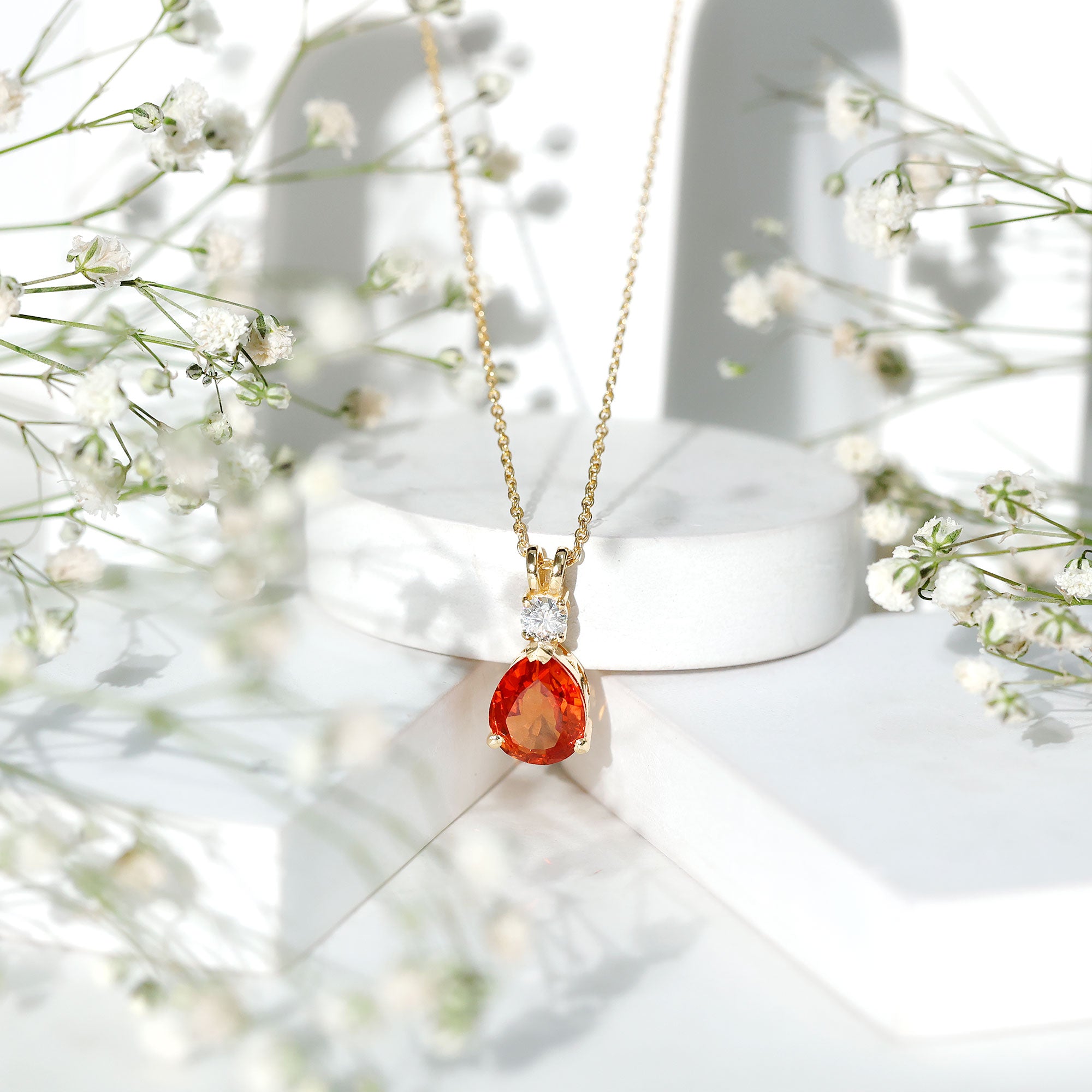 3 Carat Lab Created Orange Sapphire Teardrop Necklace with Diamond AAAA - Rosec Jewels