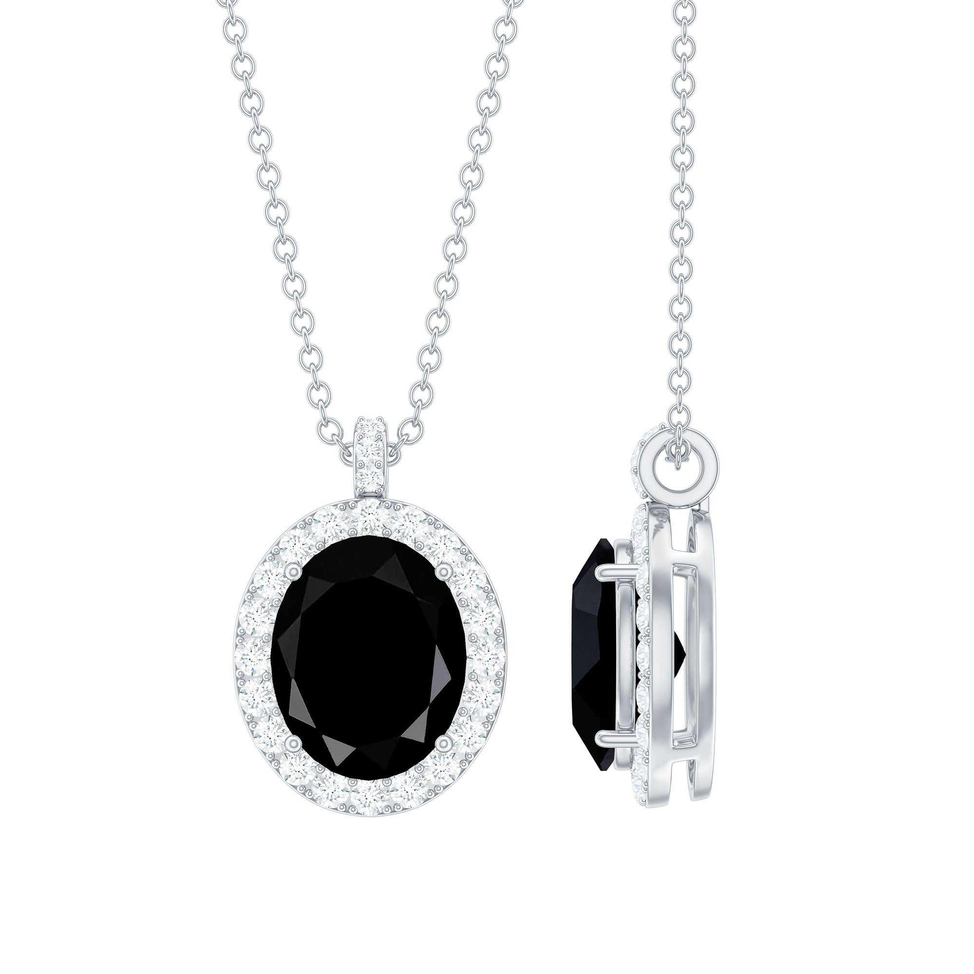 Lab Grown Black Diamond and Diamond Halo Pendant Necklace