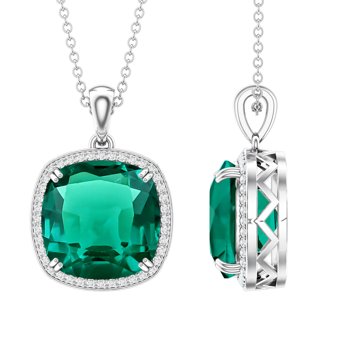 9 Carat Cushion Cut Lab Created Emerald and Diamond Cocktail Necklace AAAA - Rosec Jewels