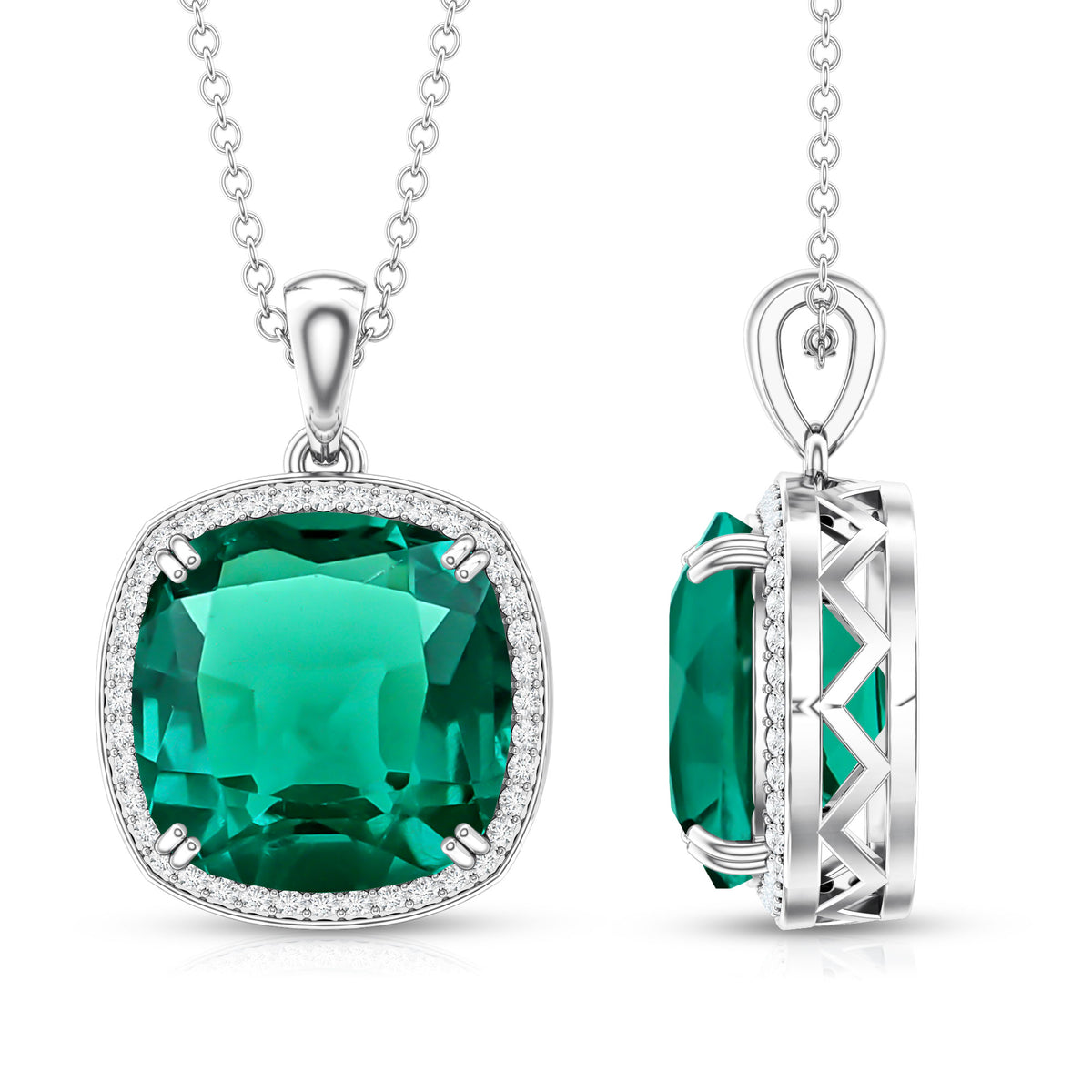9 Carat Cushion Cut Lab Created Emerald and Diamond Cocktail Necklace AAAA - Rosec Jewels