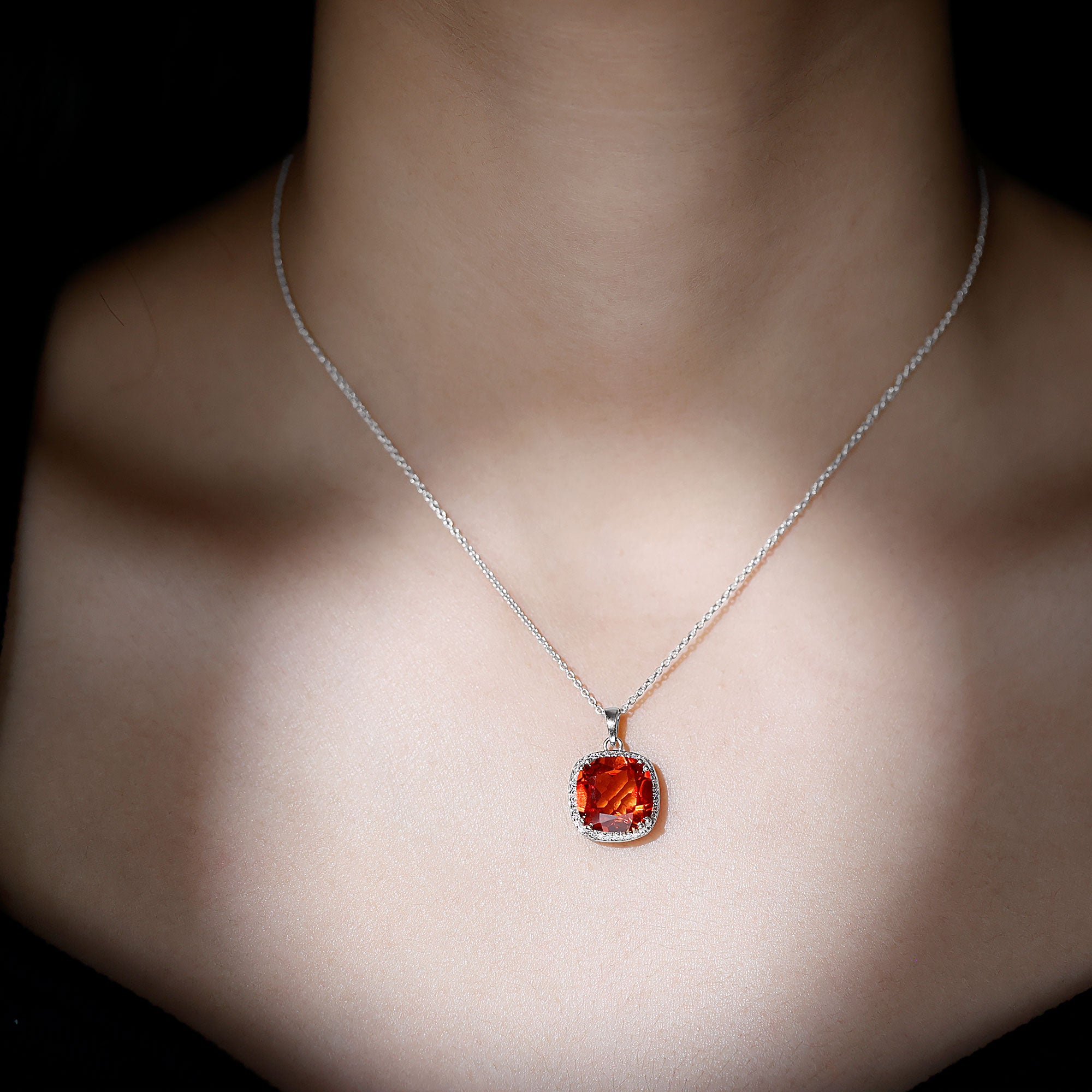 9 Carat Lab Created Orange Sapphire Diamond Statement Necklace For Women AAAA - Rosec Jewels