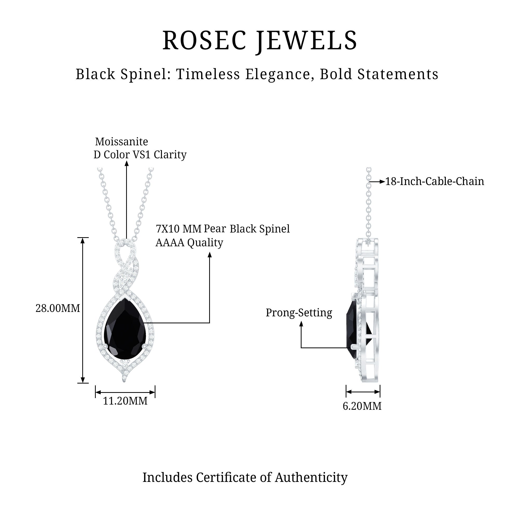 1.75 Carat Pear Shape Black Spinel Statement Necklace with Moissanites AAA - Rosec Jewels