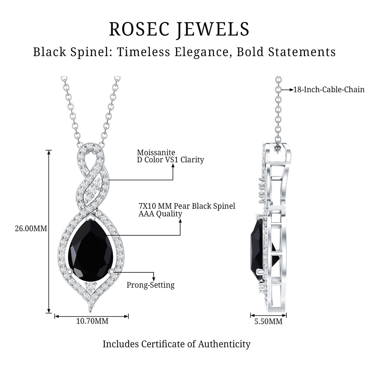 1.75 Carat Pear Shape Black Spinel Statement Necklace with Moissanites AAA - Rosec Jewels