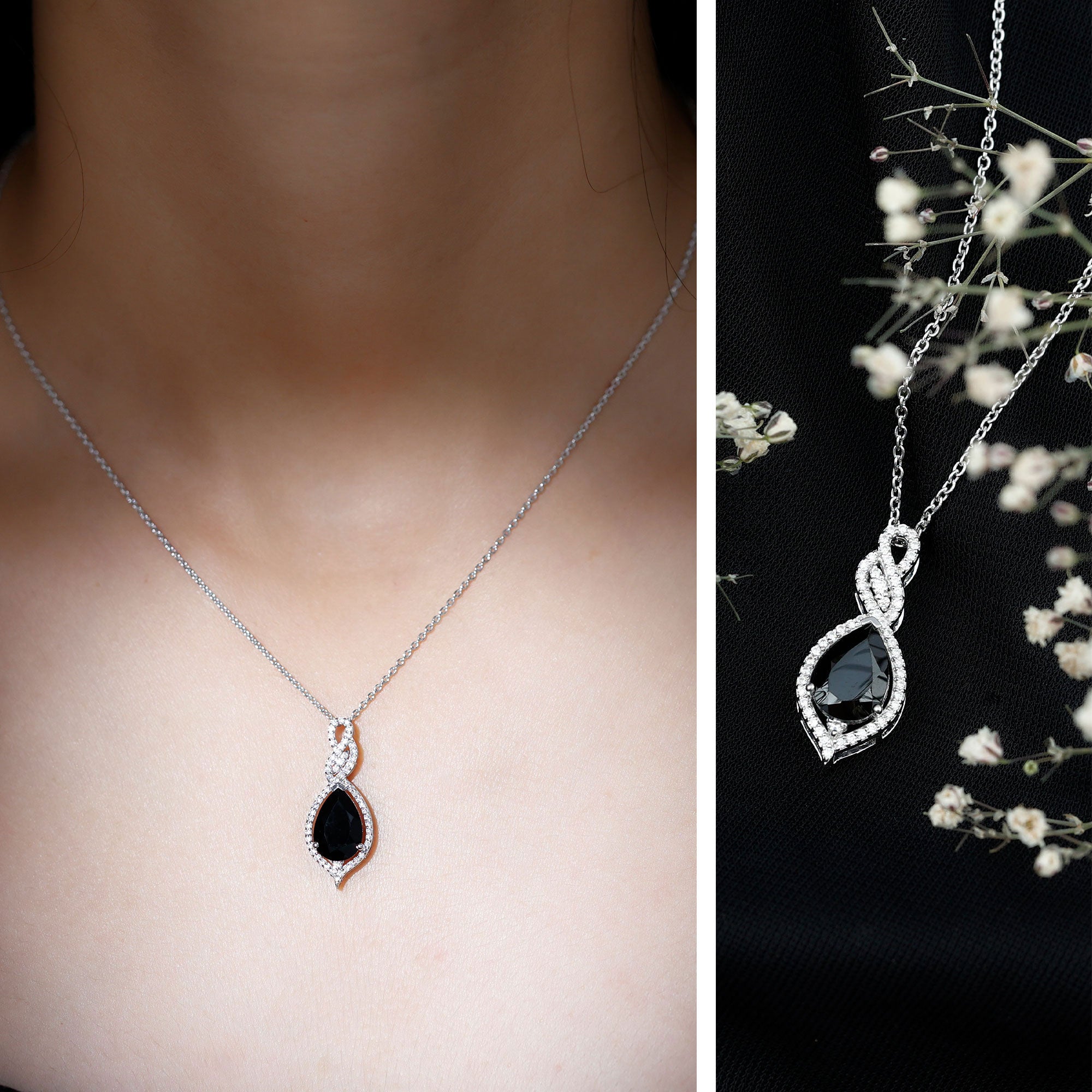 1.75 Carat Pear Shape Black Spinel Statement Necklace with Moissanites AAA - Rosec Jewels